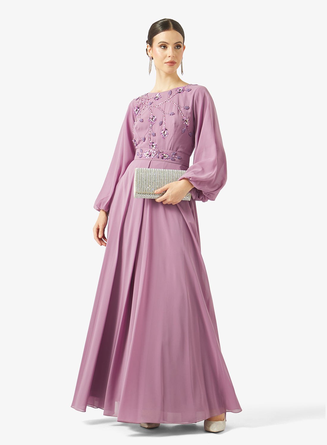 Embellished Chiffon Balloon Sleeve Gown