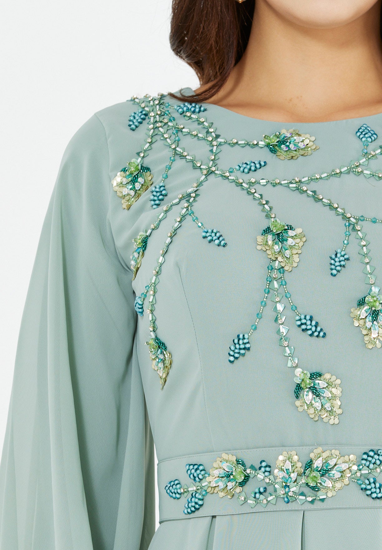 Floral Vines Embroidered Chiffon Gown