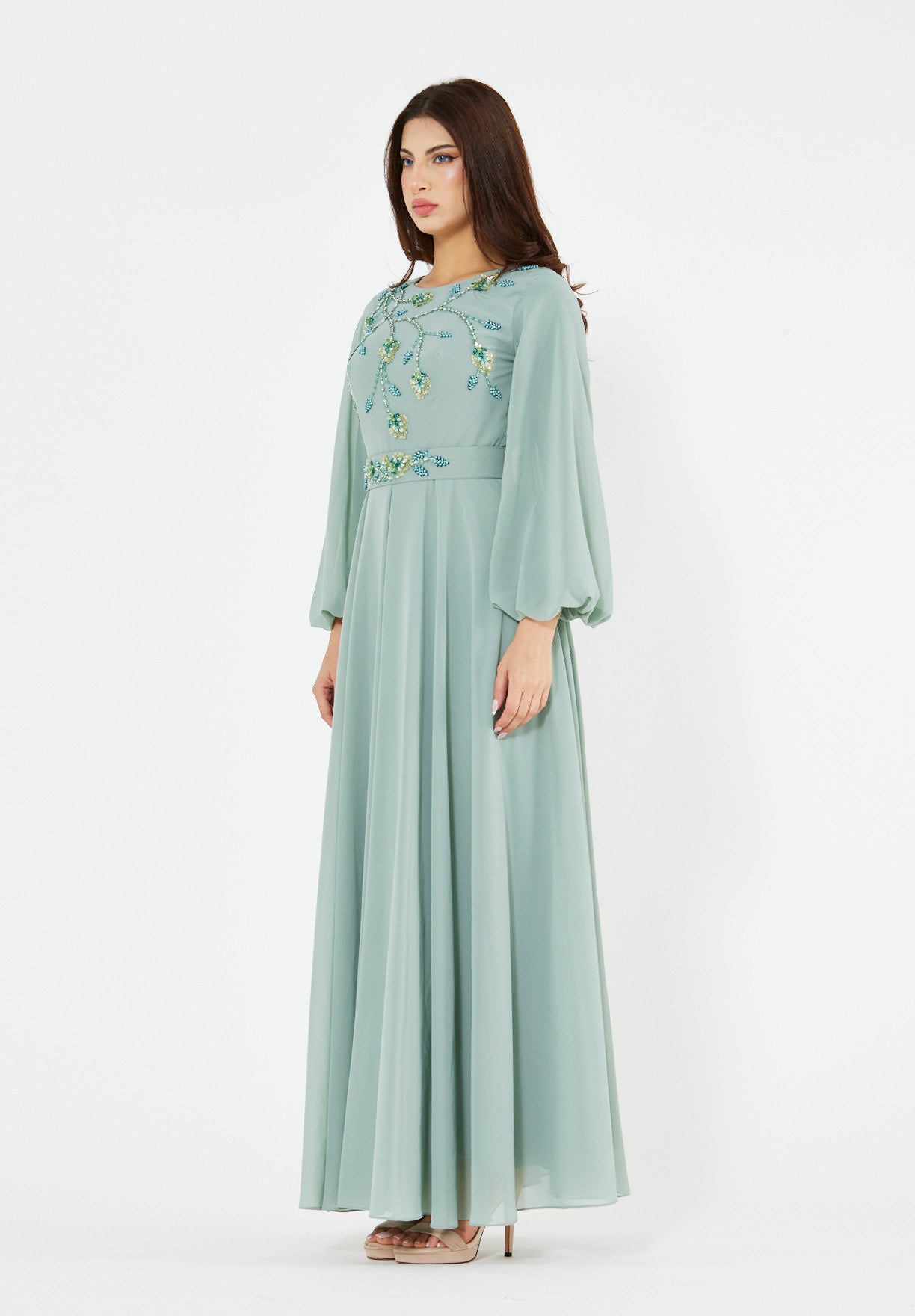 Floral Vines Embroidered Chiffon Gown