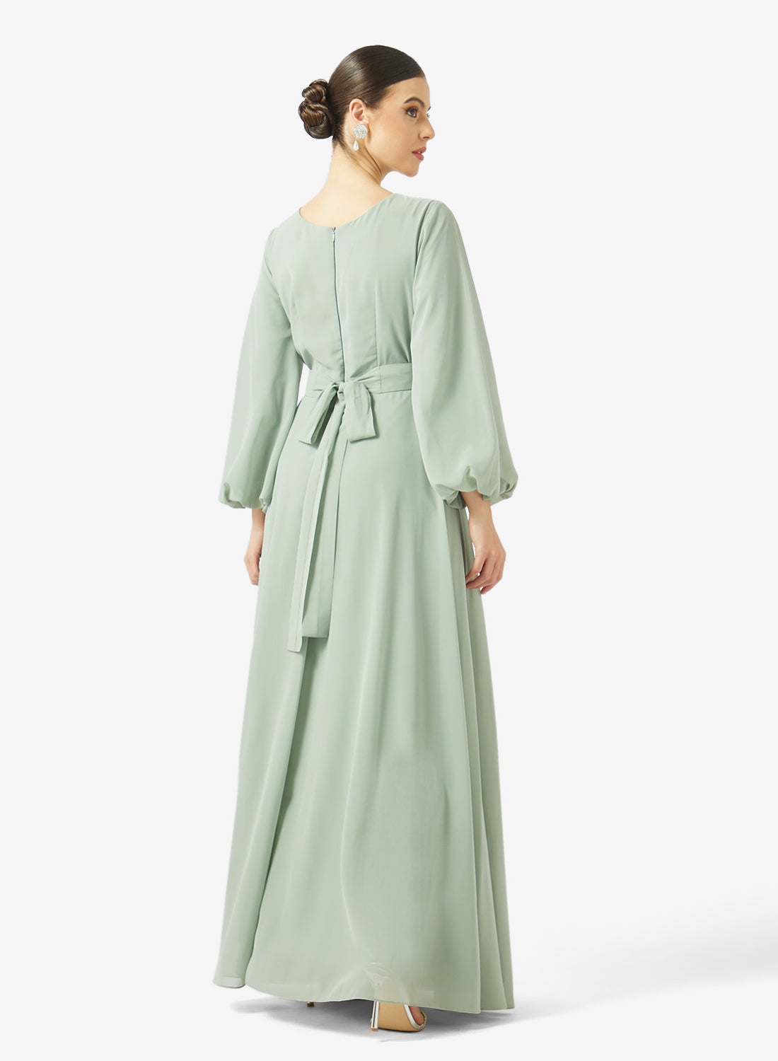 Embellished Chiffon Balloon Sleeve Gown
