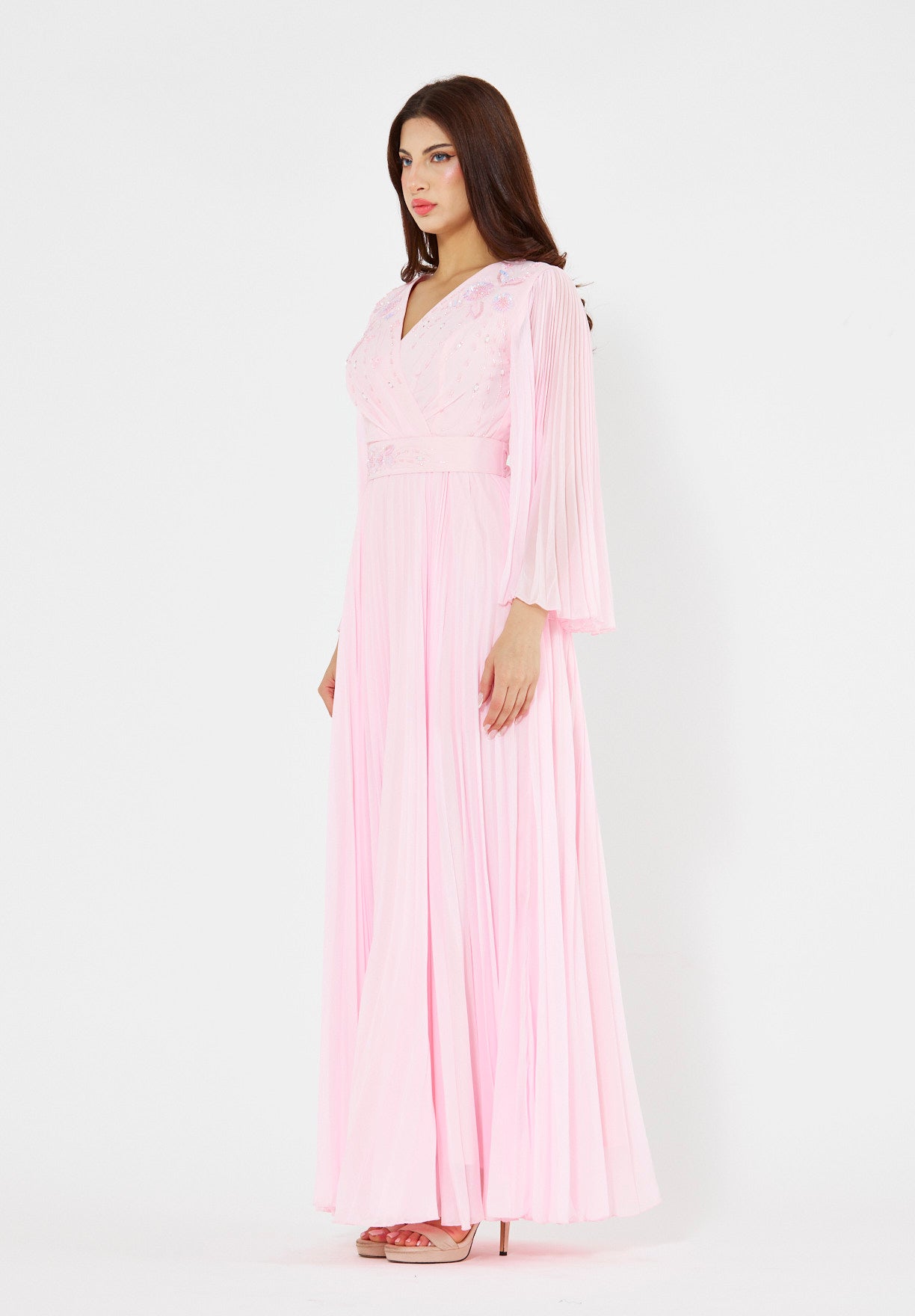 Pleated Bead Embellished Flowy Dress