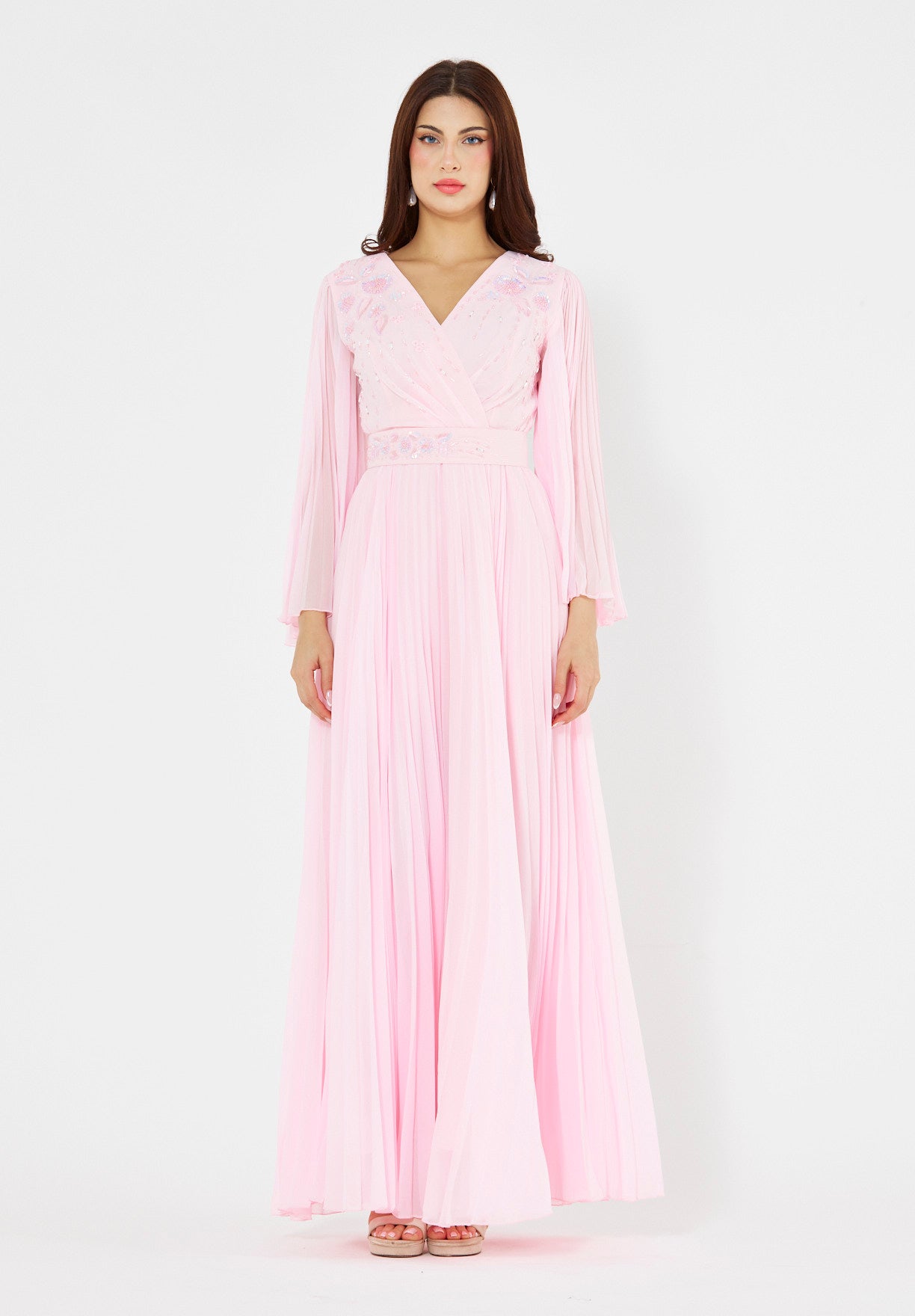 Pleated Bead Embellished Flowy Dress