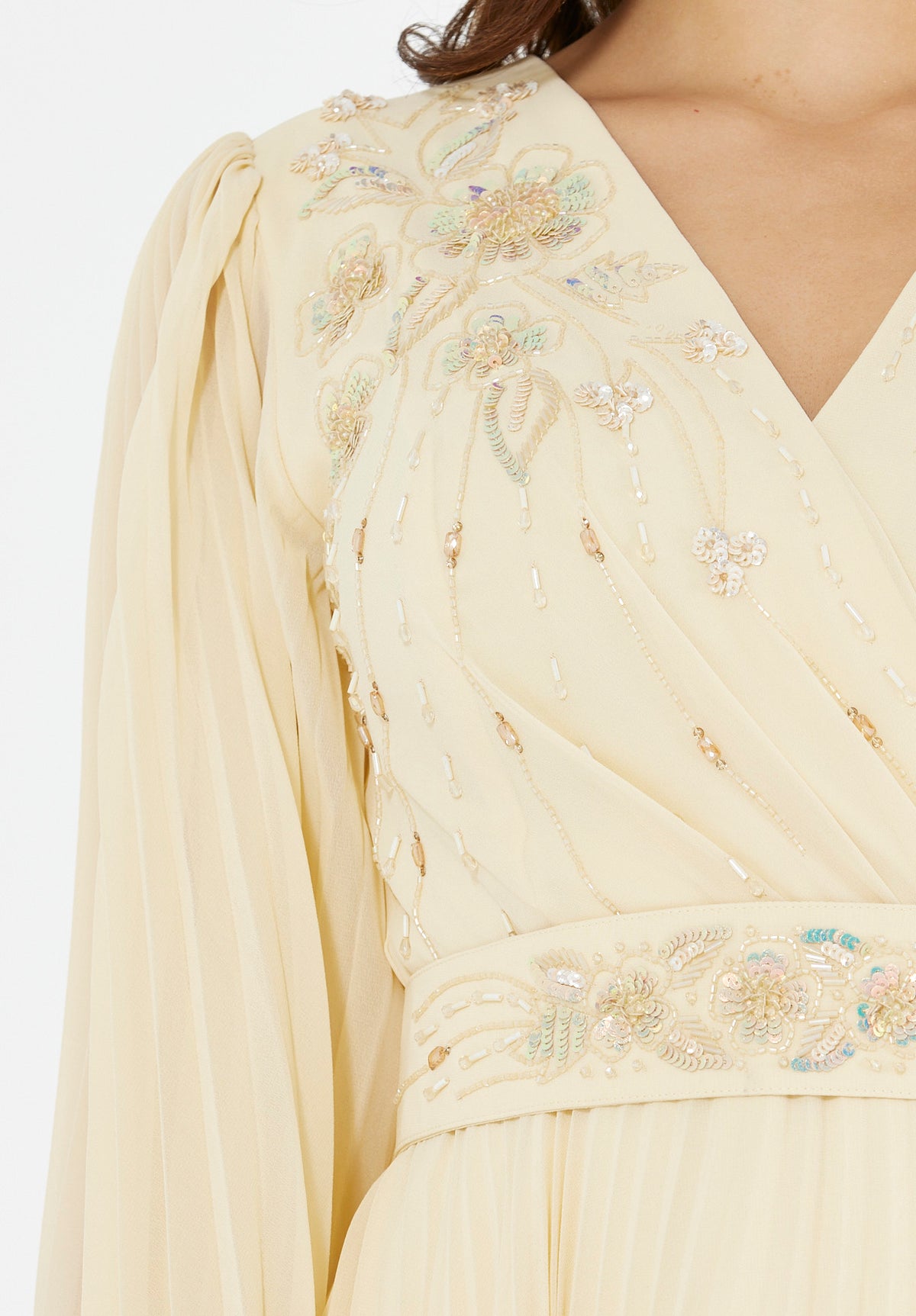 Embellished Pleated Chiffon Gown