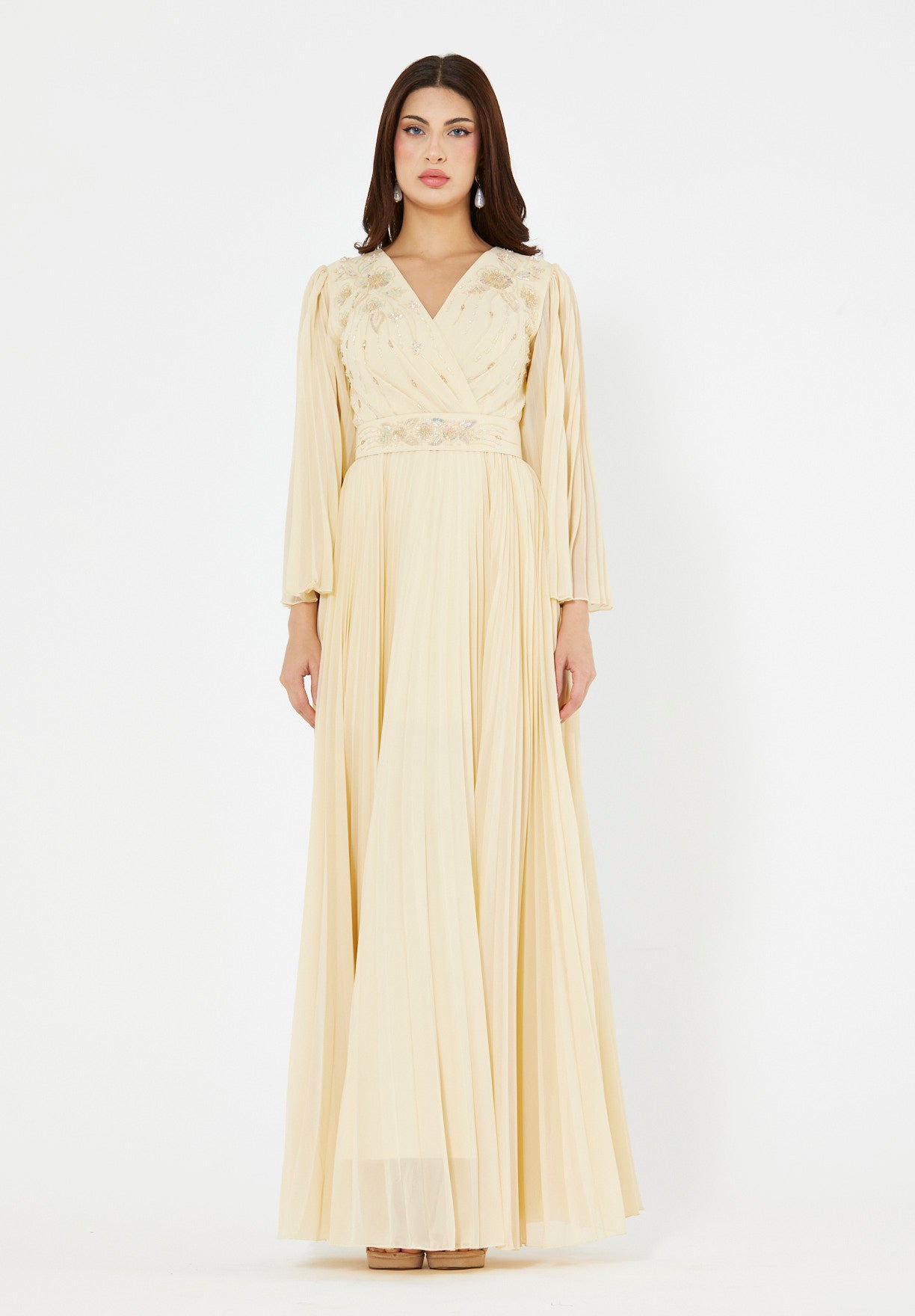 Pleated Bead Embellished Flowy Dress