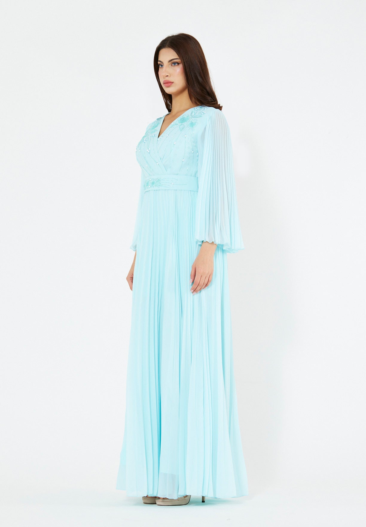 Pleated Bead Embellished Flowy Dress