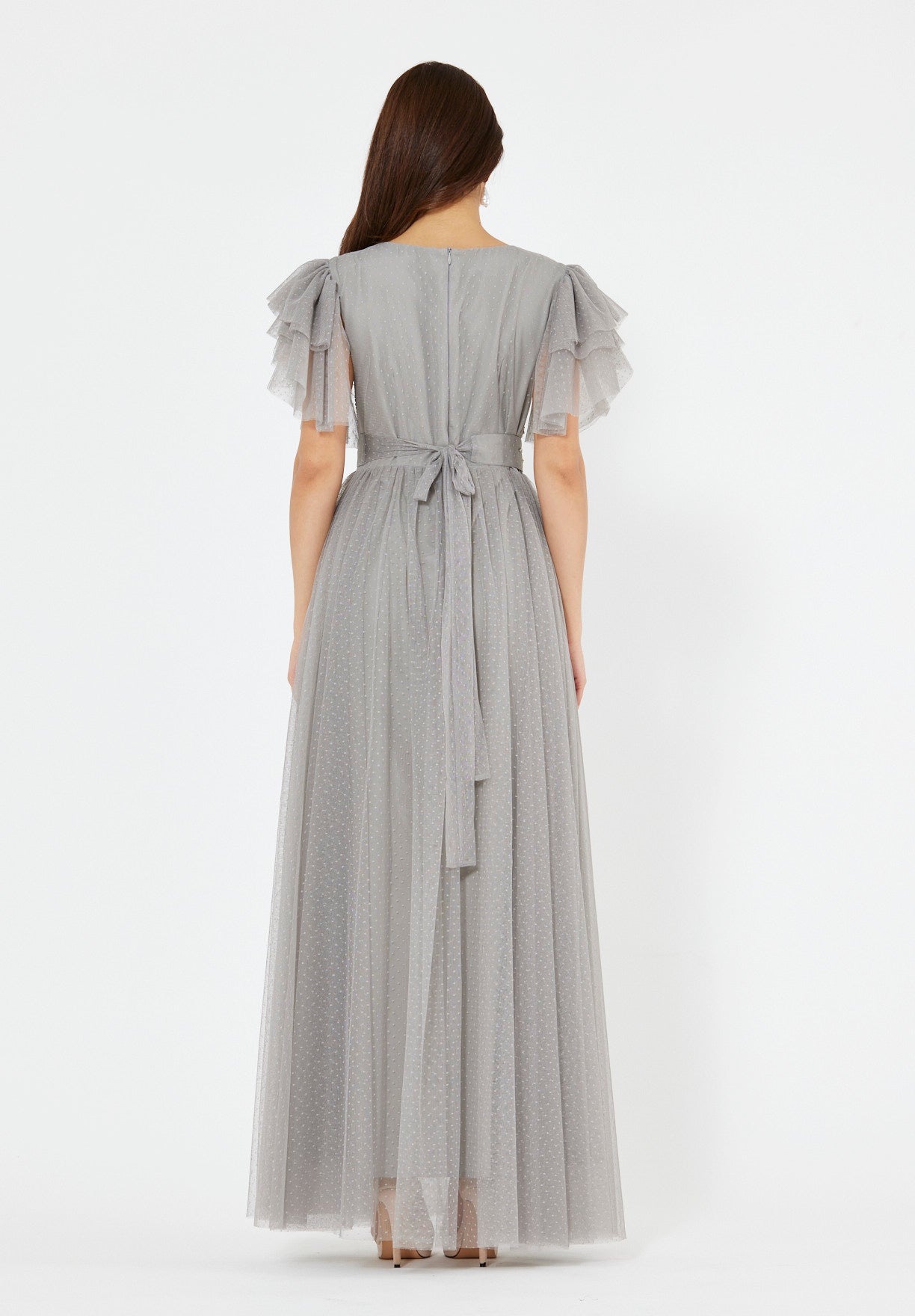 Layered Dotted Tulle Sleeve Embroidered Gown