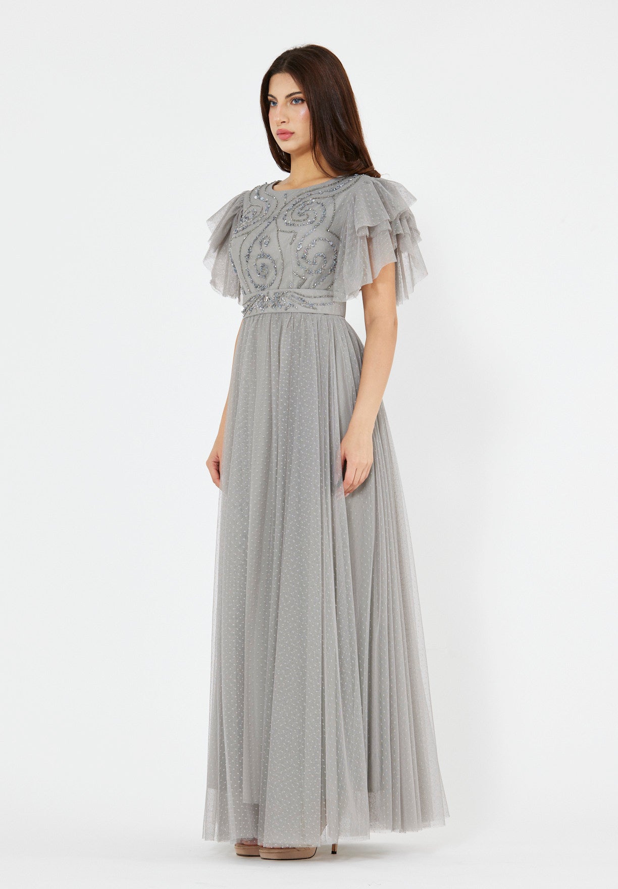Layered Dotted Tulle Sleeve Embroidered Gown