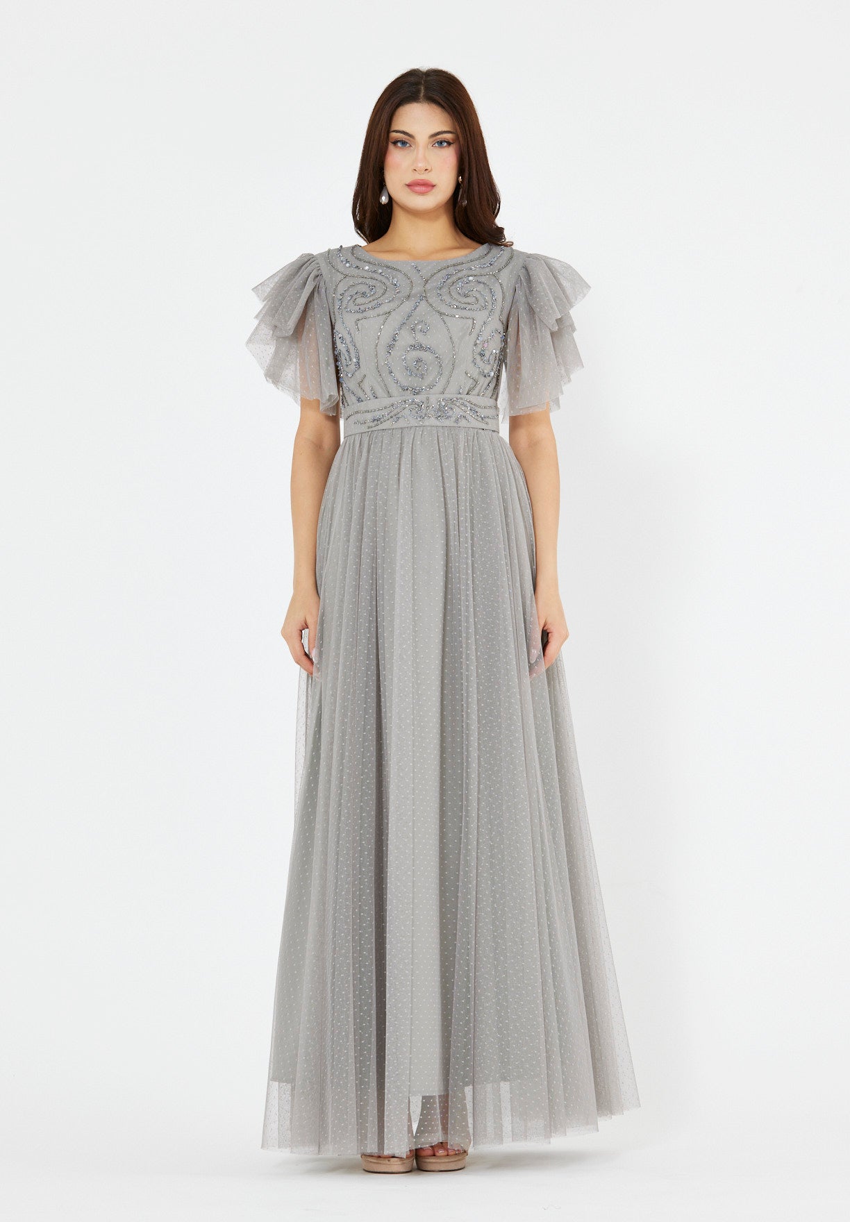 Layered Dotted Tulle Sleeve Embroidered Gown