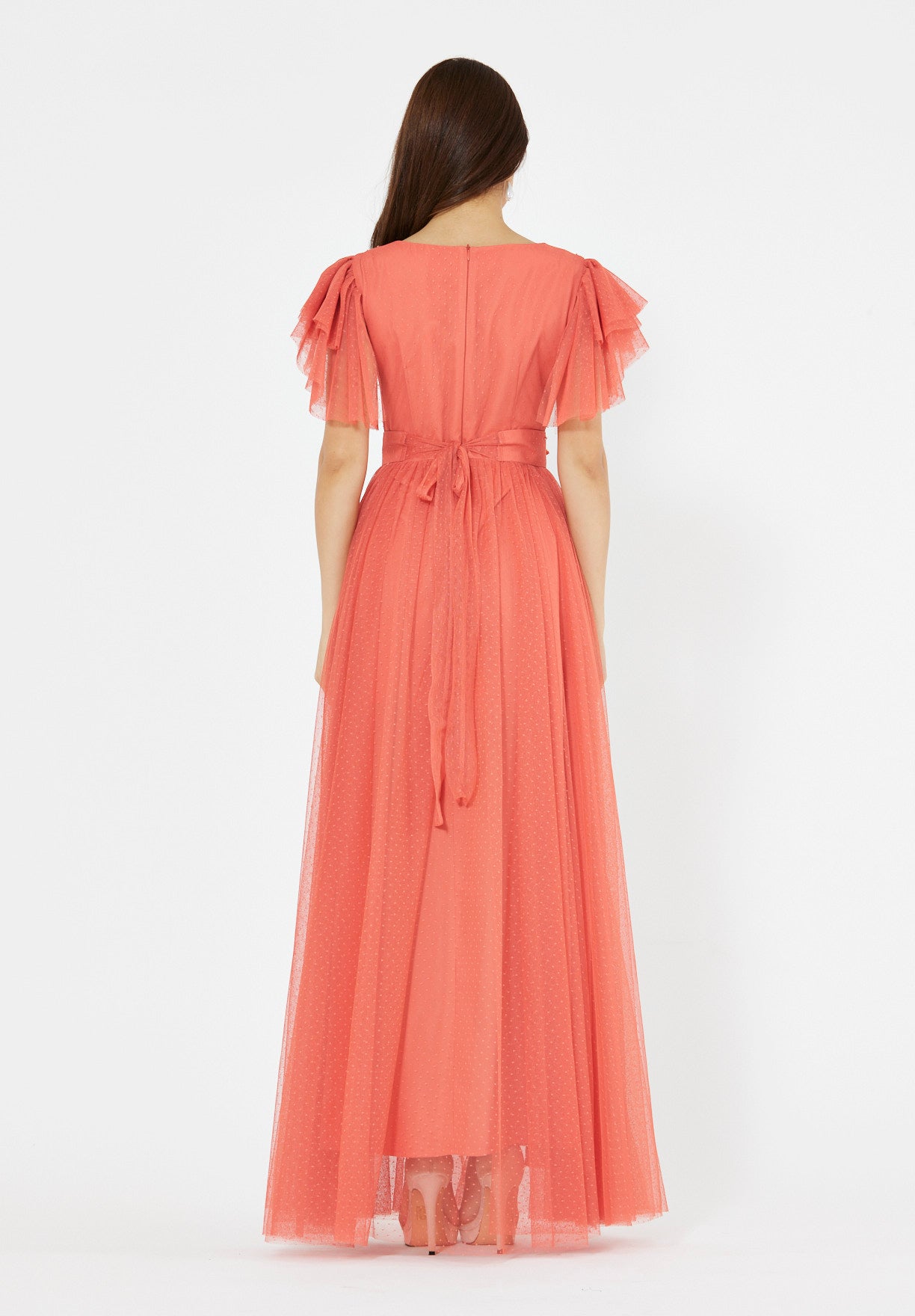 Layered Dotted Tulle Sleeve Embroidered Gown