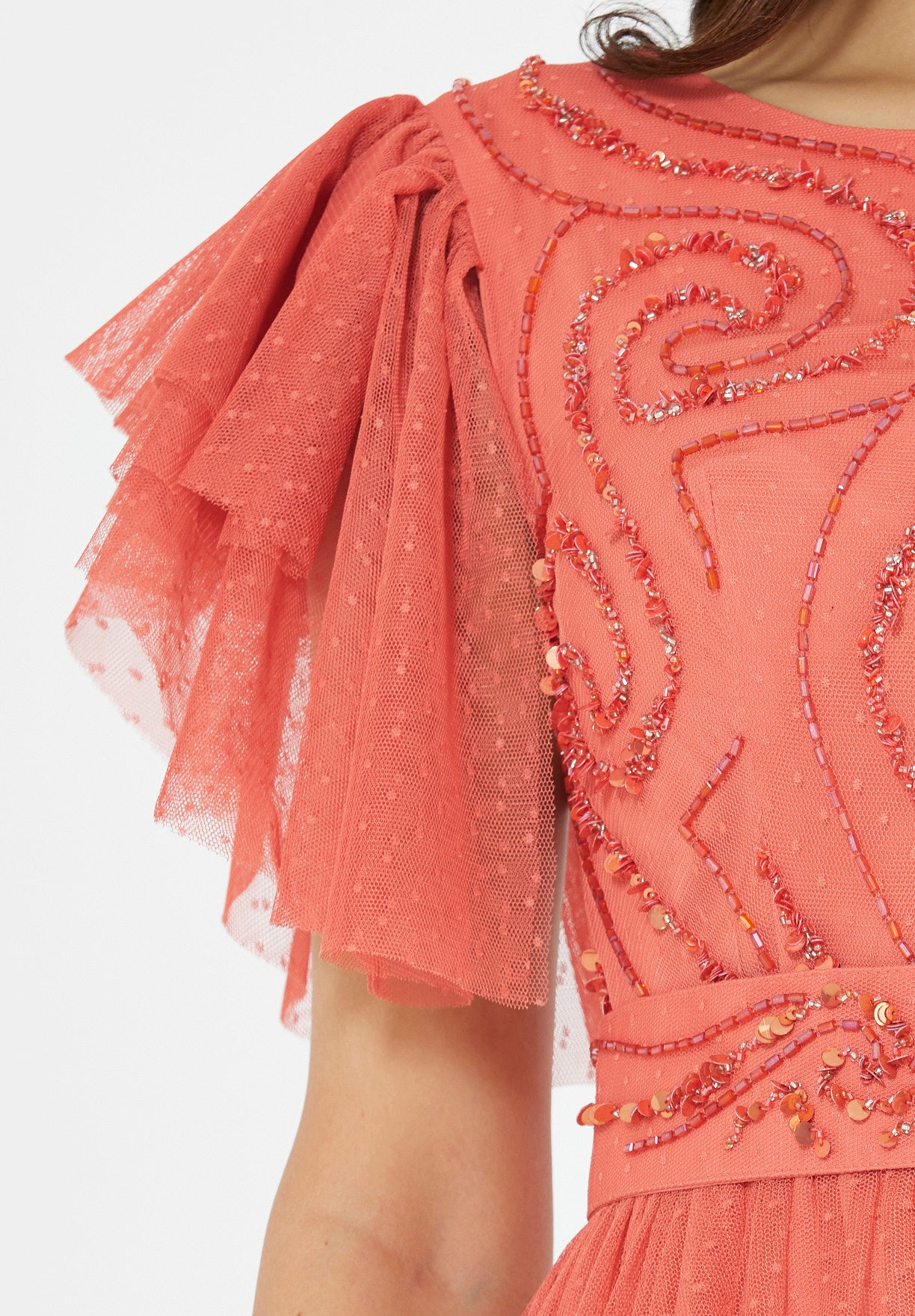 Layered Dotted Tulle Sleeve Embroidered Gown