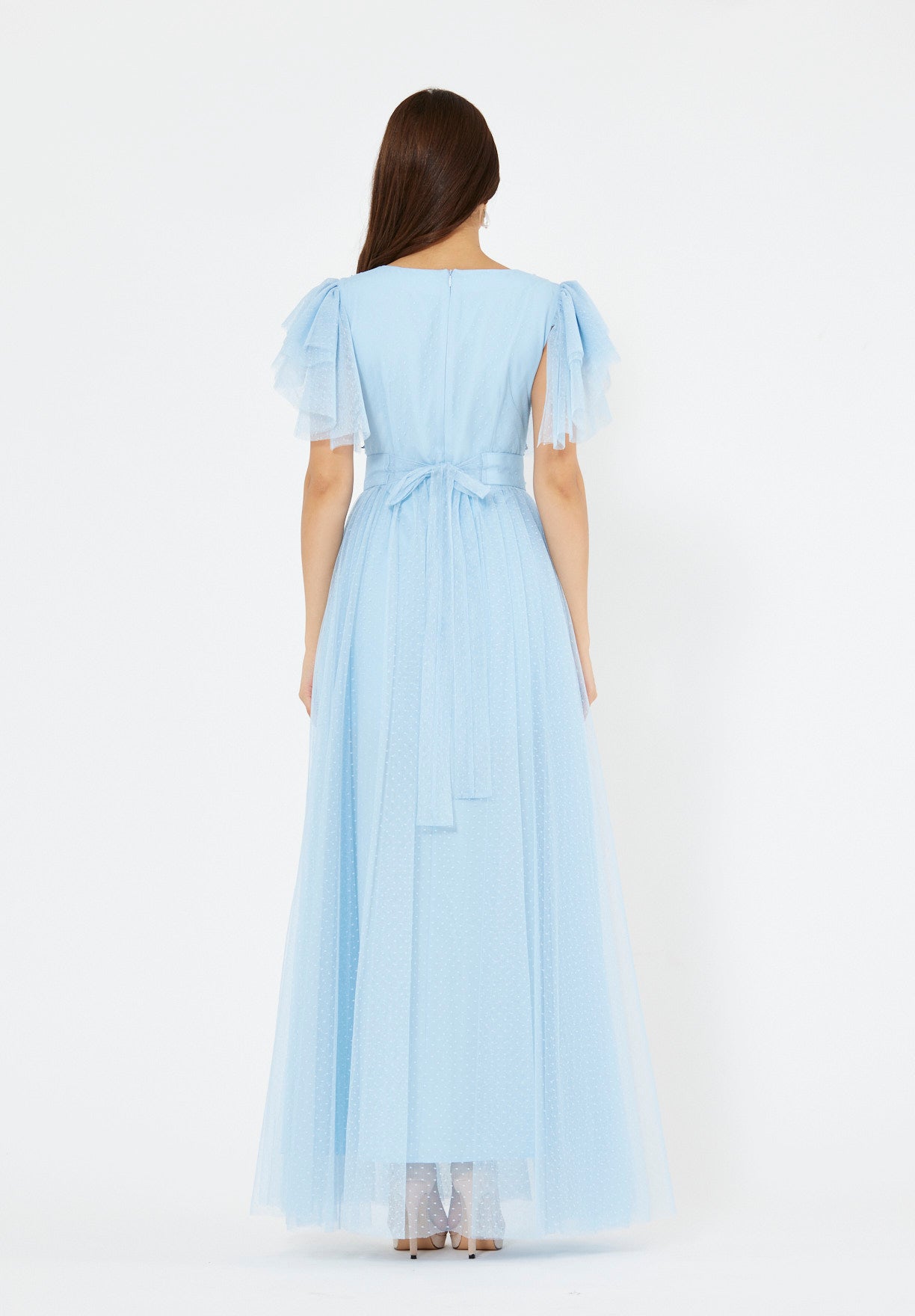 Layered Dotted Tulle Sleeve Embroidered Gown