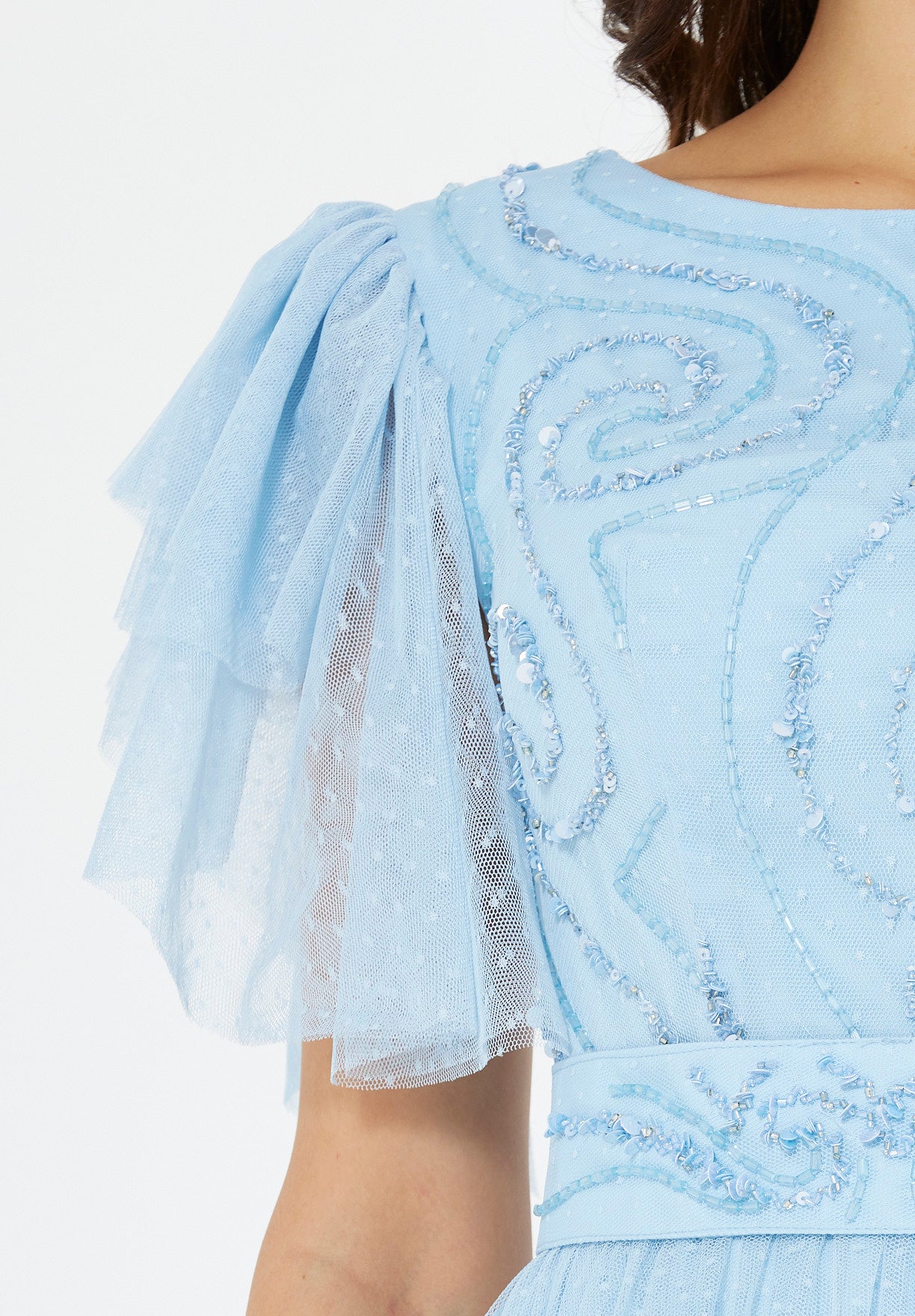 Layered Dotted Tulle Sleeve Embroidered Gown