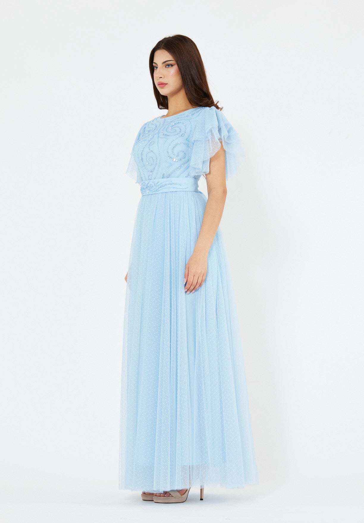Layered Dotted Tulle Sleeve Embroidered Gown
