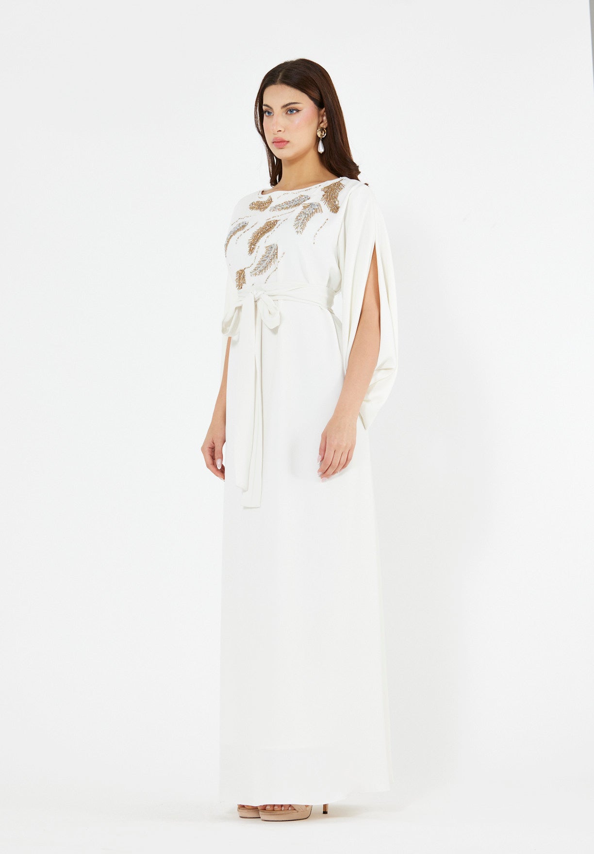 Winged Cape Gown with Sequin Embroidery