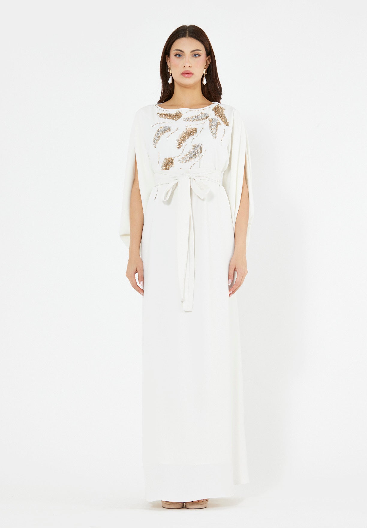 Winged Cape Gown with Sequin Embroidery