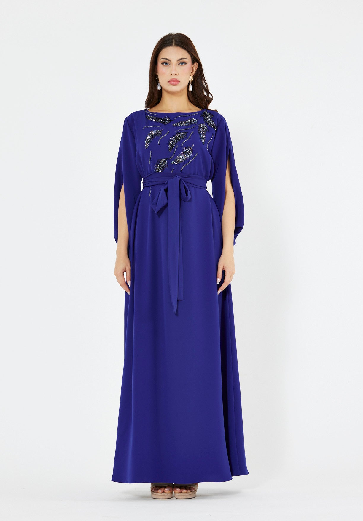 Winged Cape Gown with Sequin Embroidery