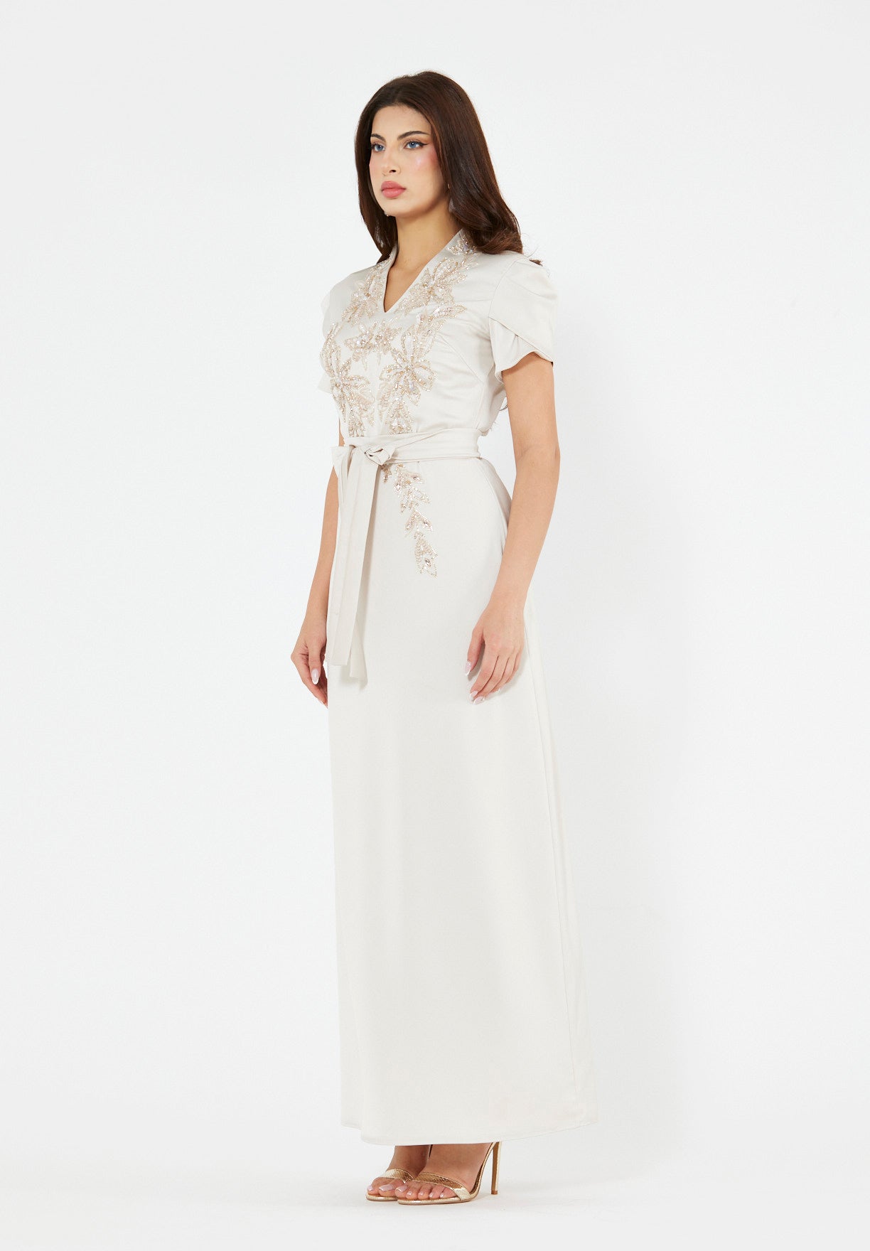 Floral Motif Embellished Satin Dress