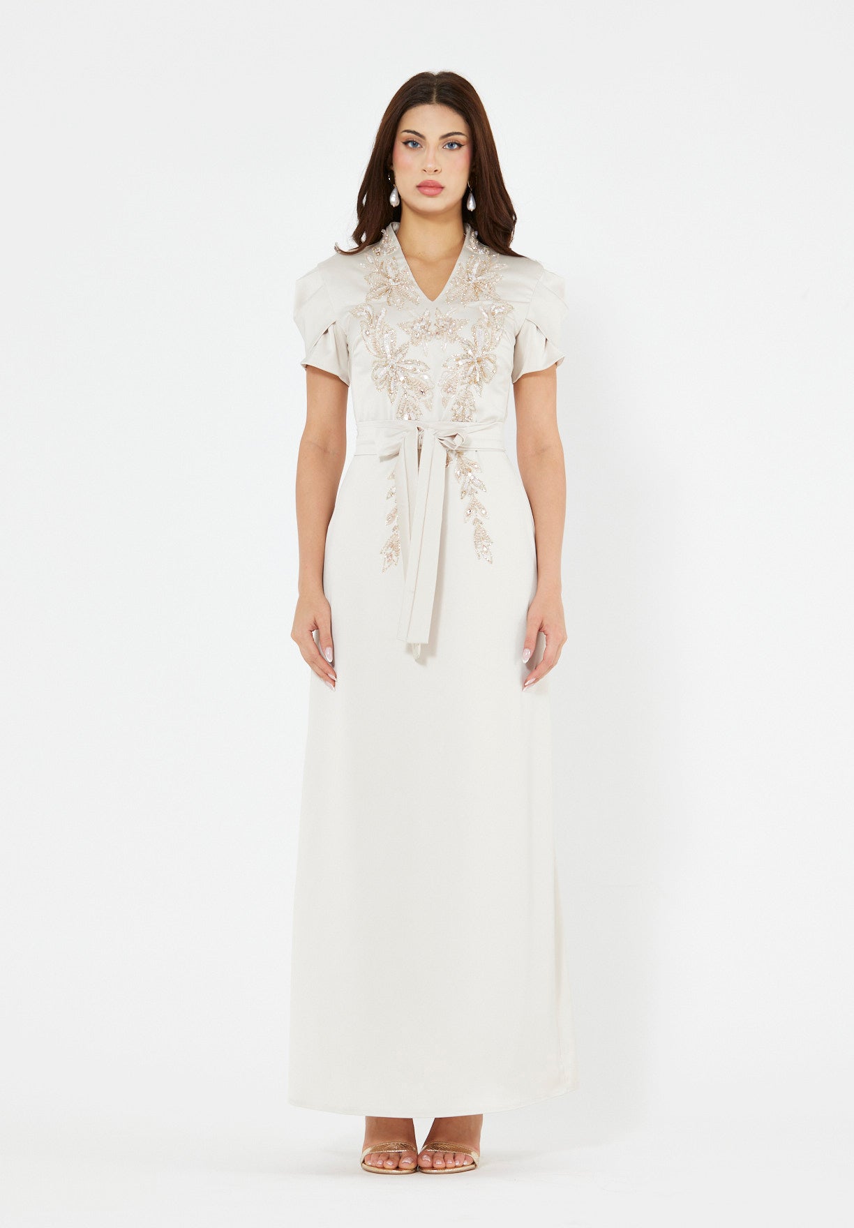 Floral Motif Embellished Satin Dress