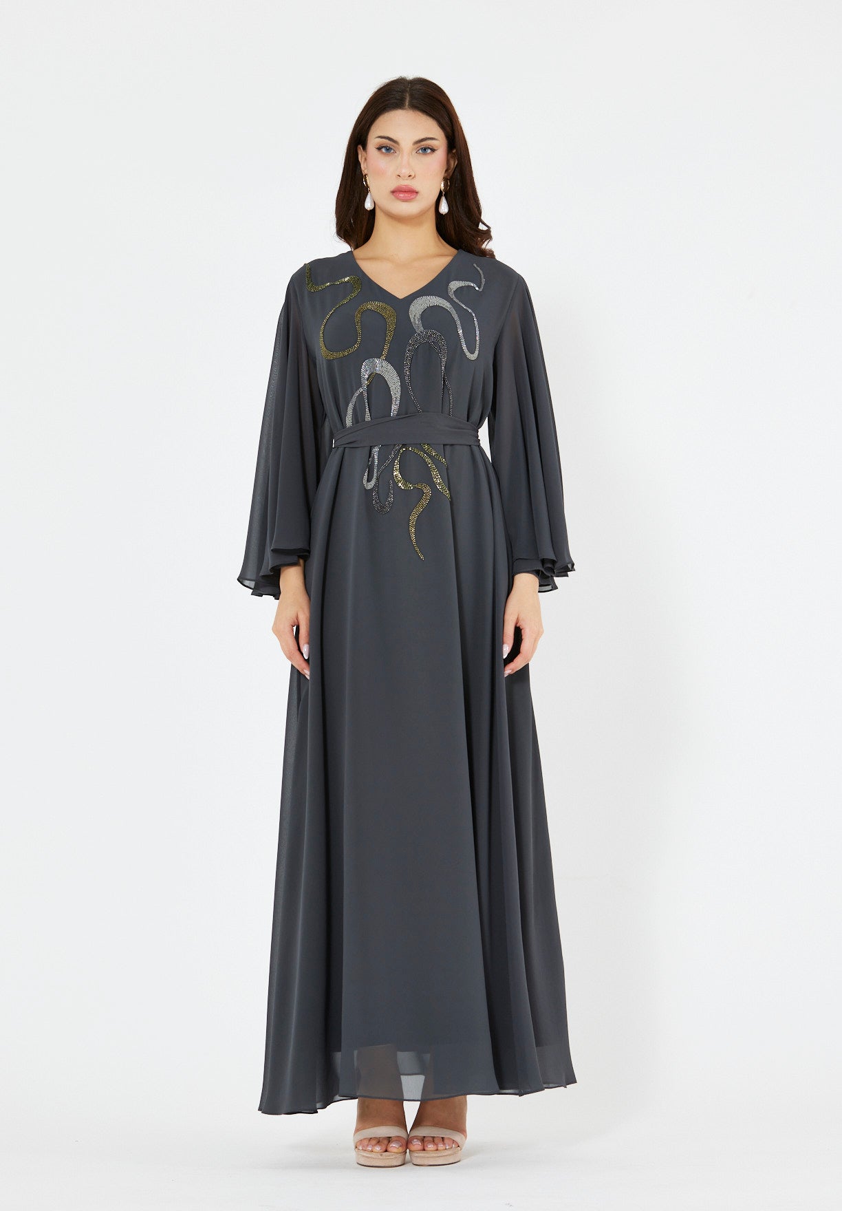 Abstract Swirls Metallic Embroidered Dress