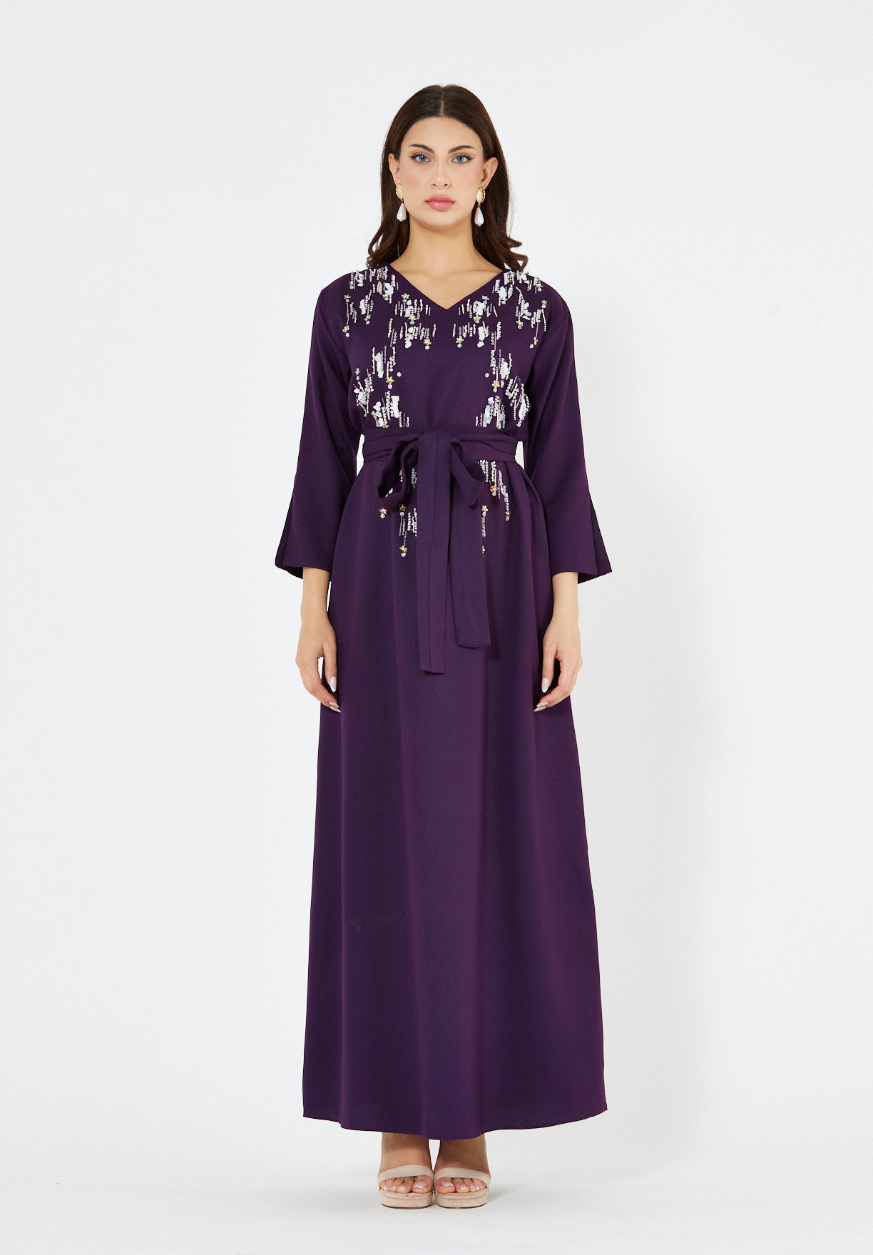 Sequin Rainfall Embellished Belted Gown