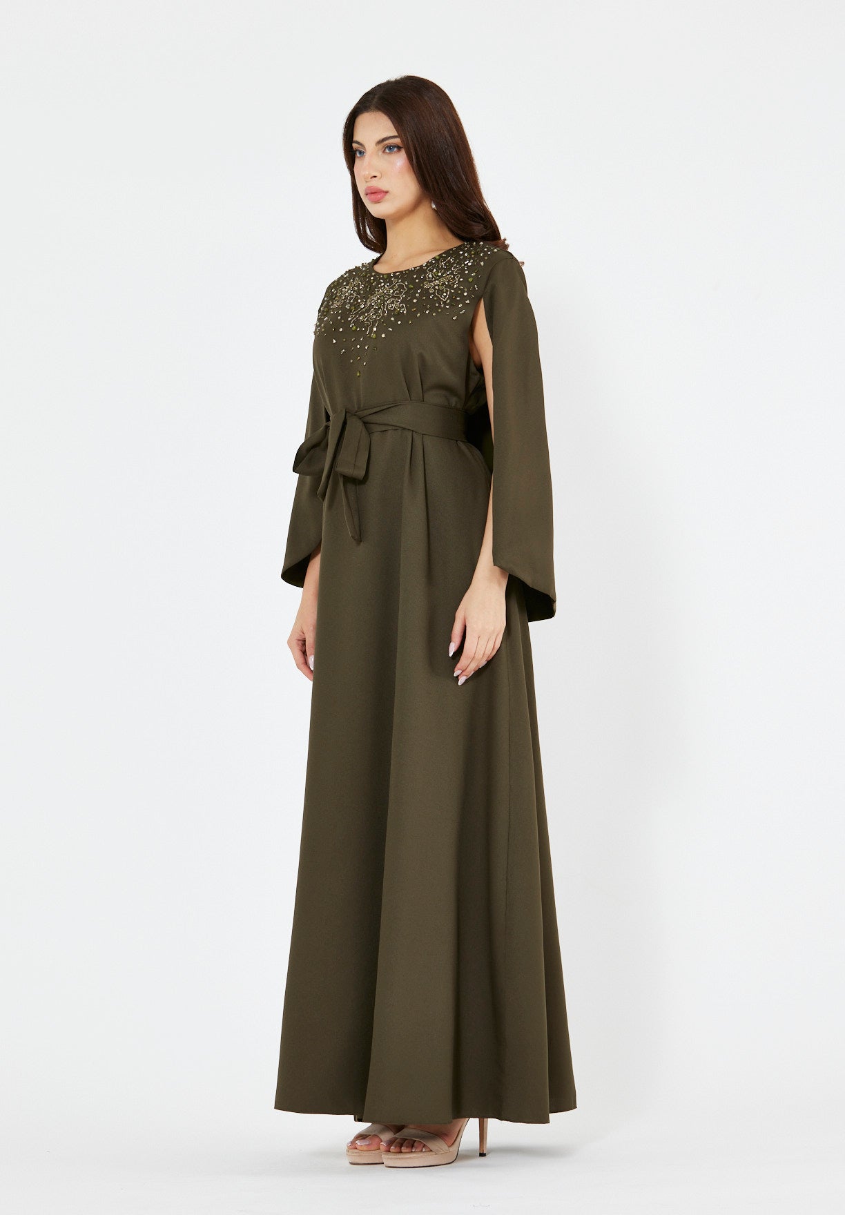 Radiant Yoke Embellished Cape Sleeves Gown
