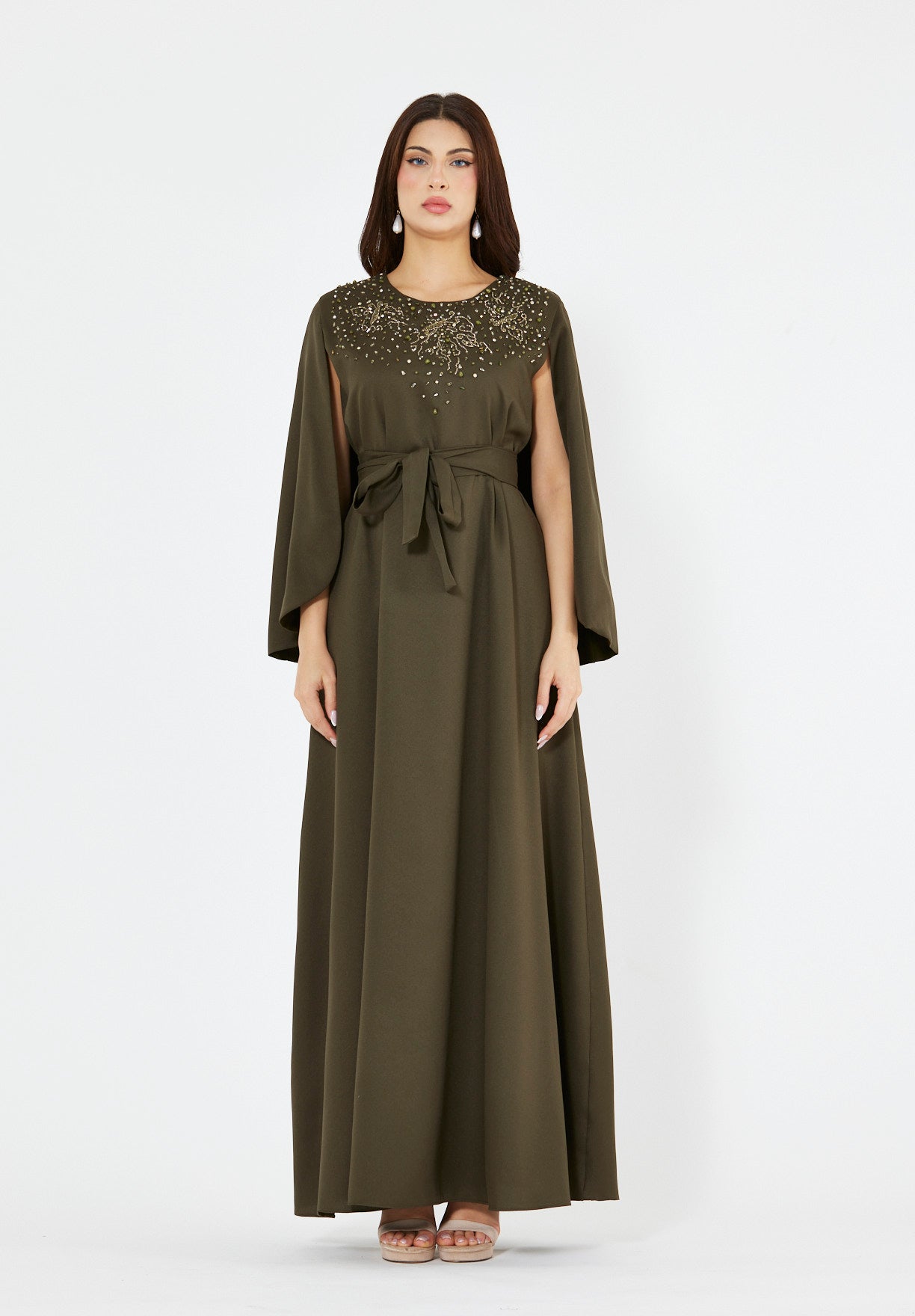 Radiant Yoke Embellished Cape Sleeves Gown