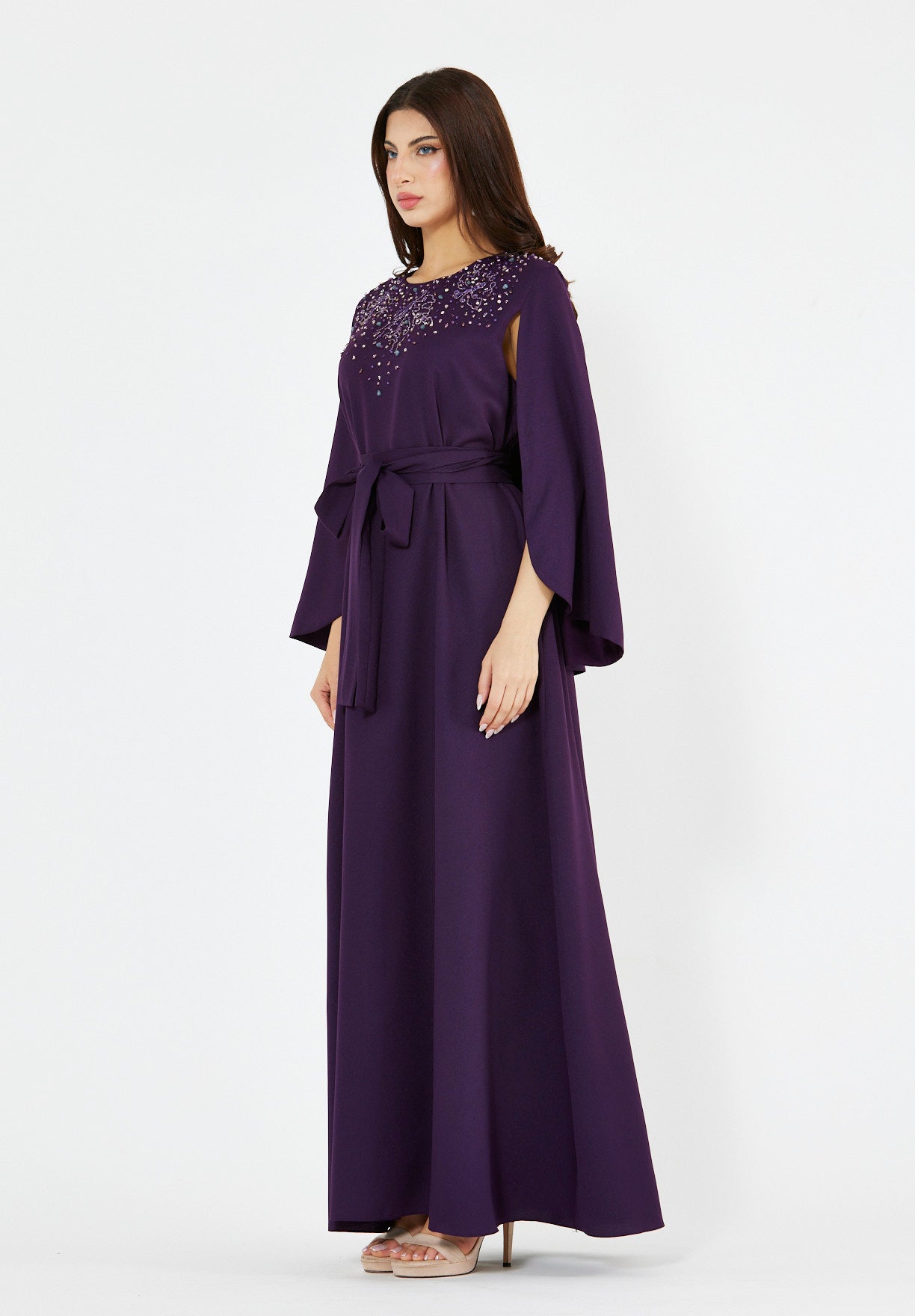 Radiant Yoke Embellished Cape Sleeves Gown