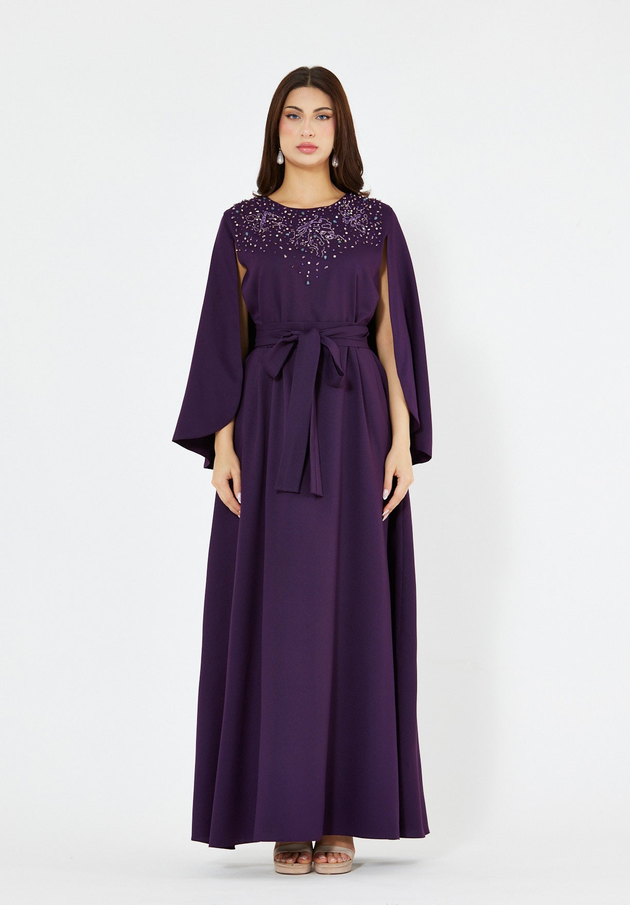 Radiant Yoke Embellished Cape Sleeves Gown