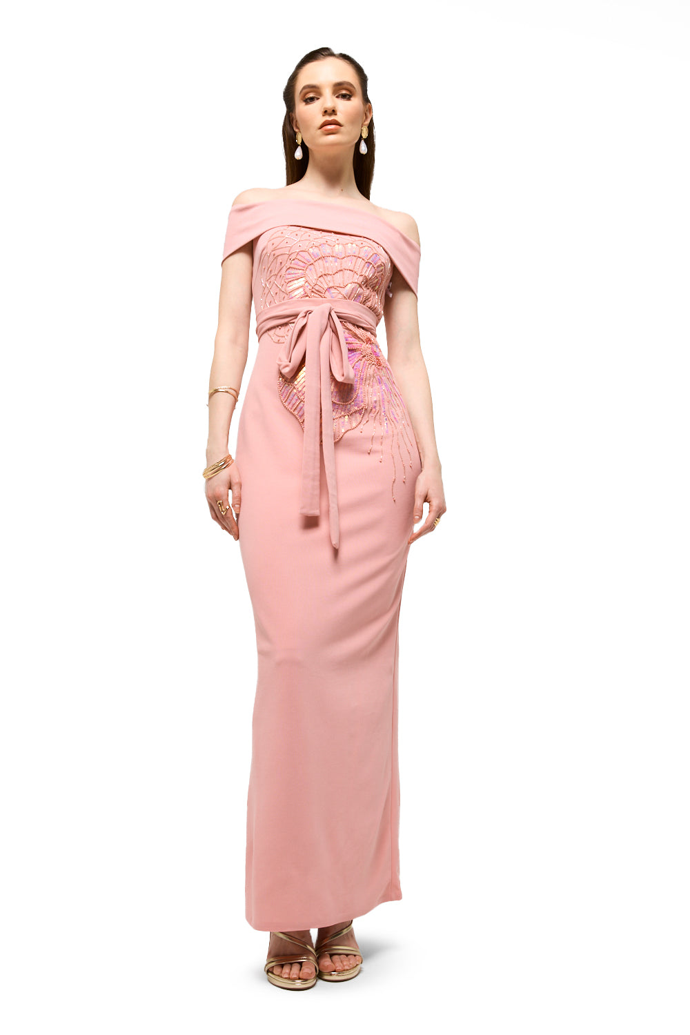 Off-Shoulder Embellished Waist Tie Maxi Dress
