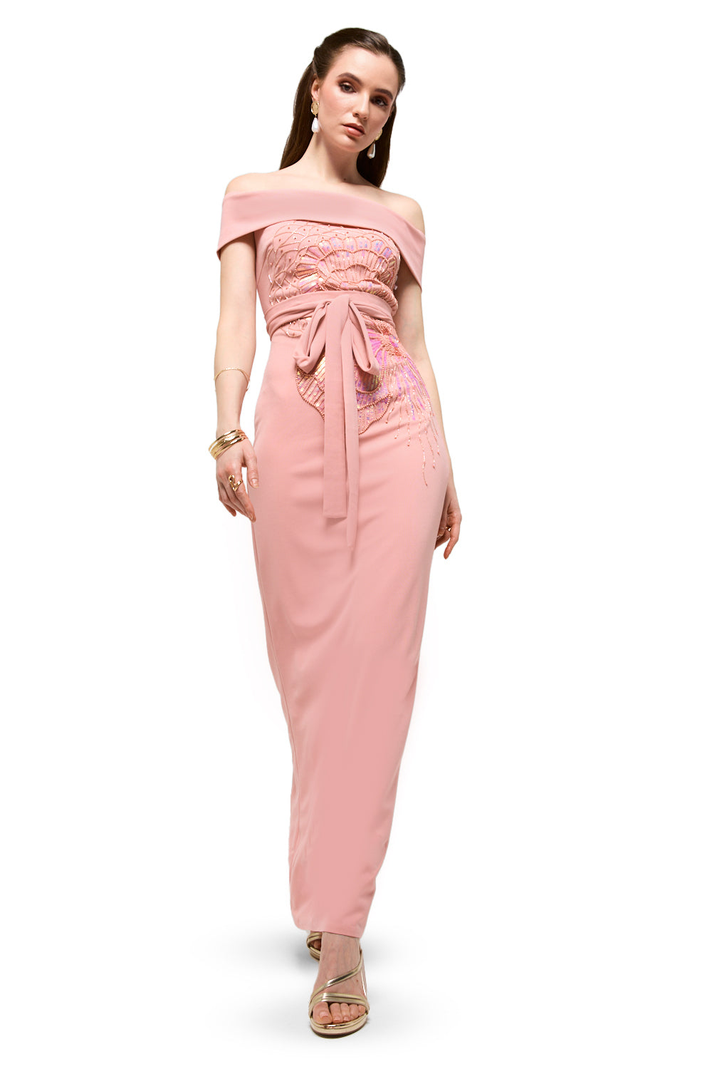 Off-Shoulder Embellished Waist Tie Maxi Dress