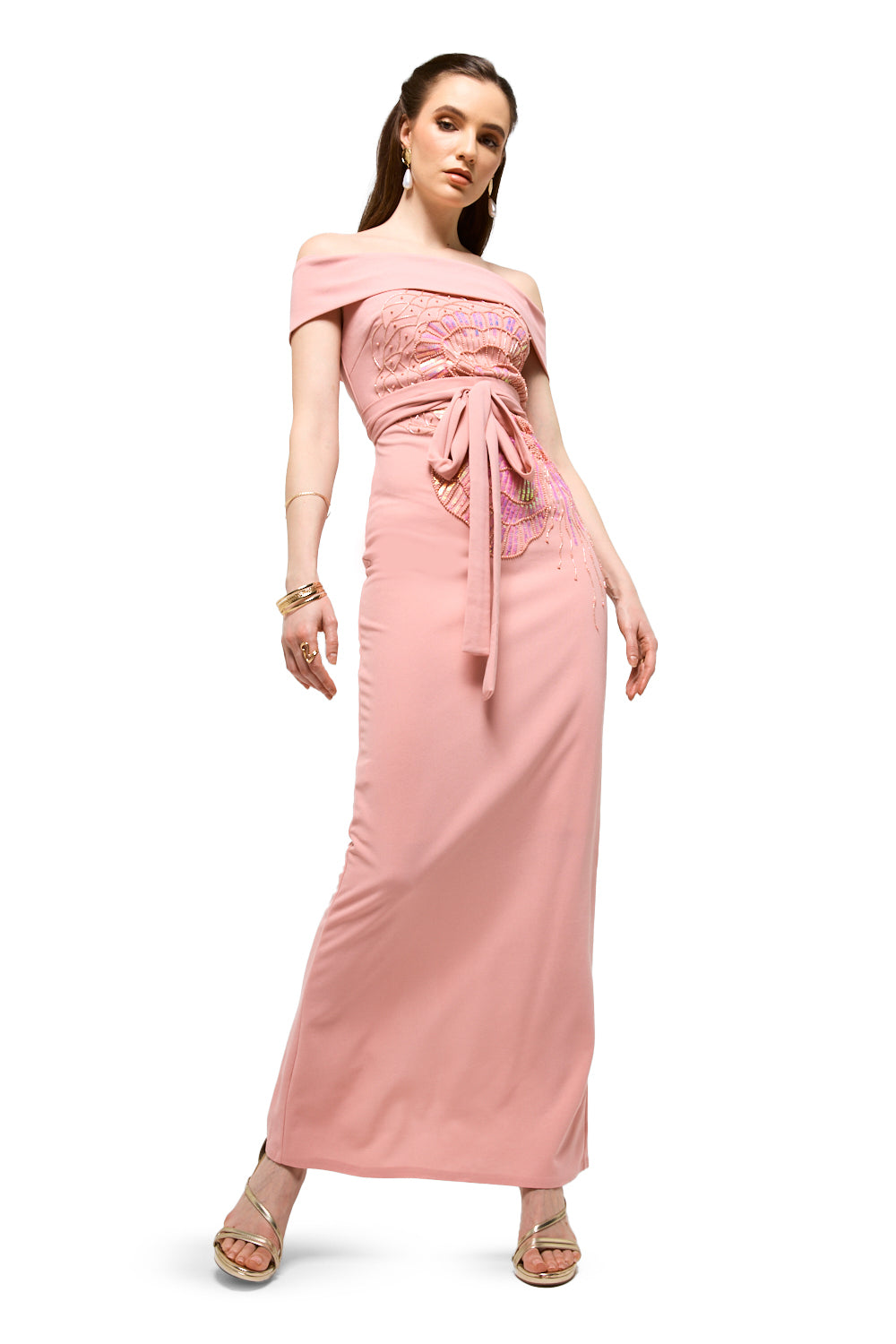 Off-Shoulder Embellished Waist Tie Maxi Dress