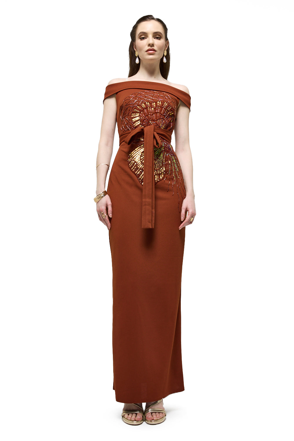 Off-Shoulder Embellished Waist Tie Maxi Dress