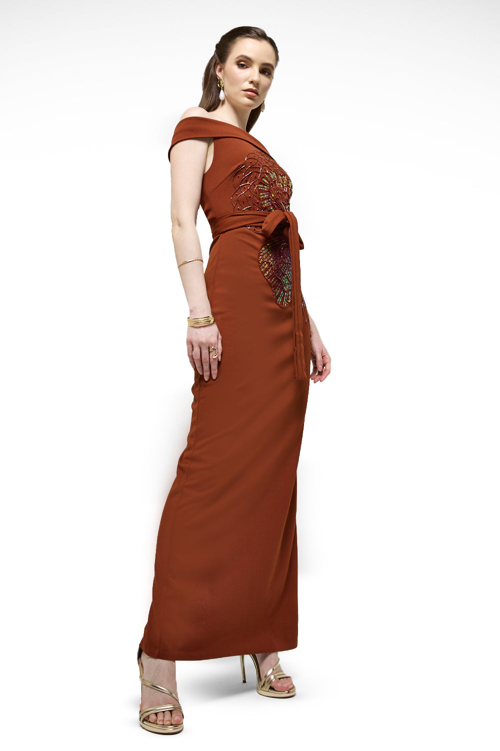 Off-Shoulder Embellished Waist Tie Maxi Dress