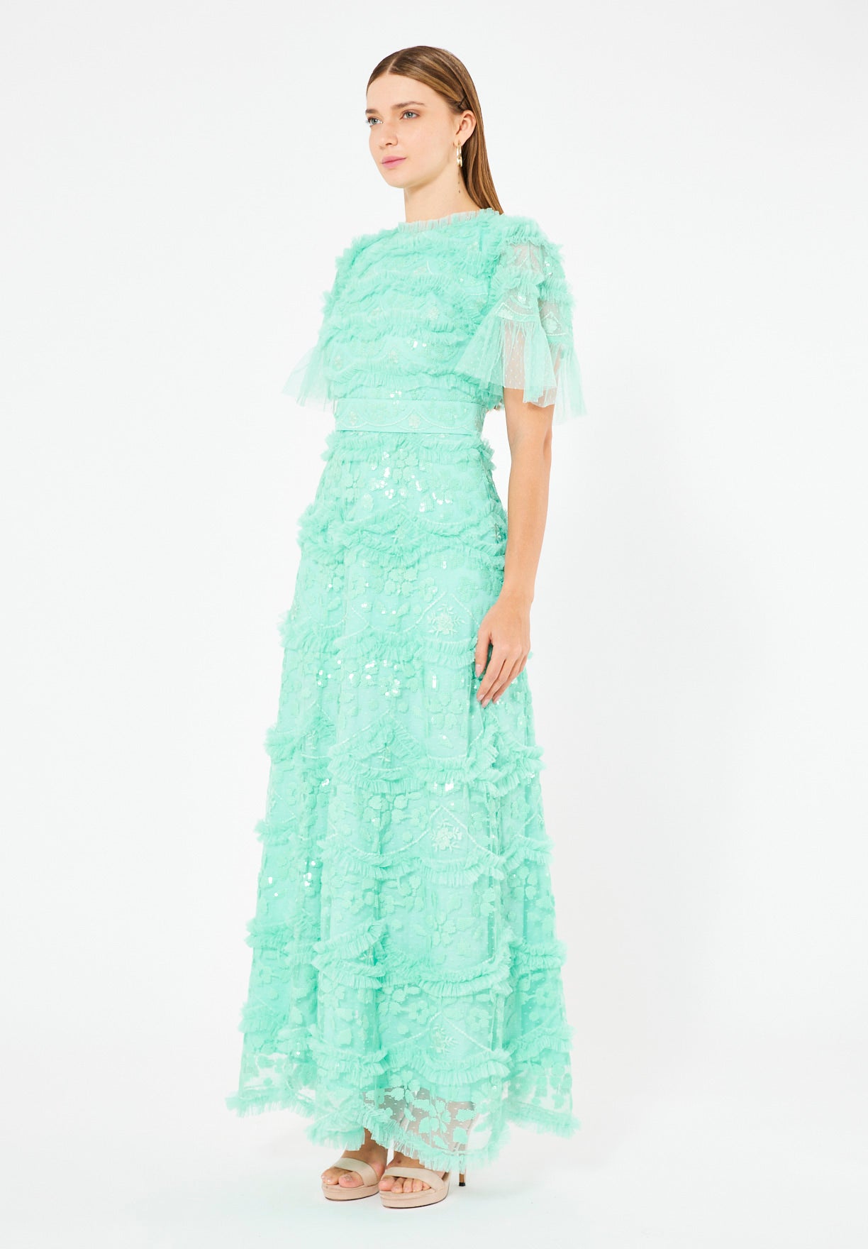 Regal Embelllished Gown With Tiered Ruffle Tulle Detail