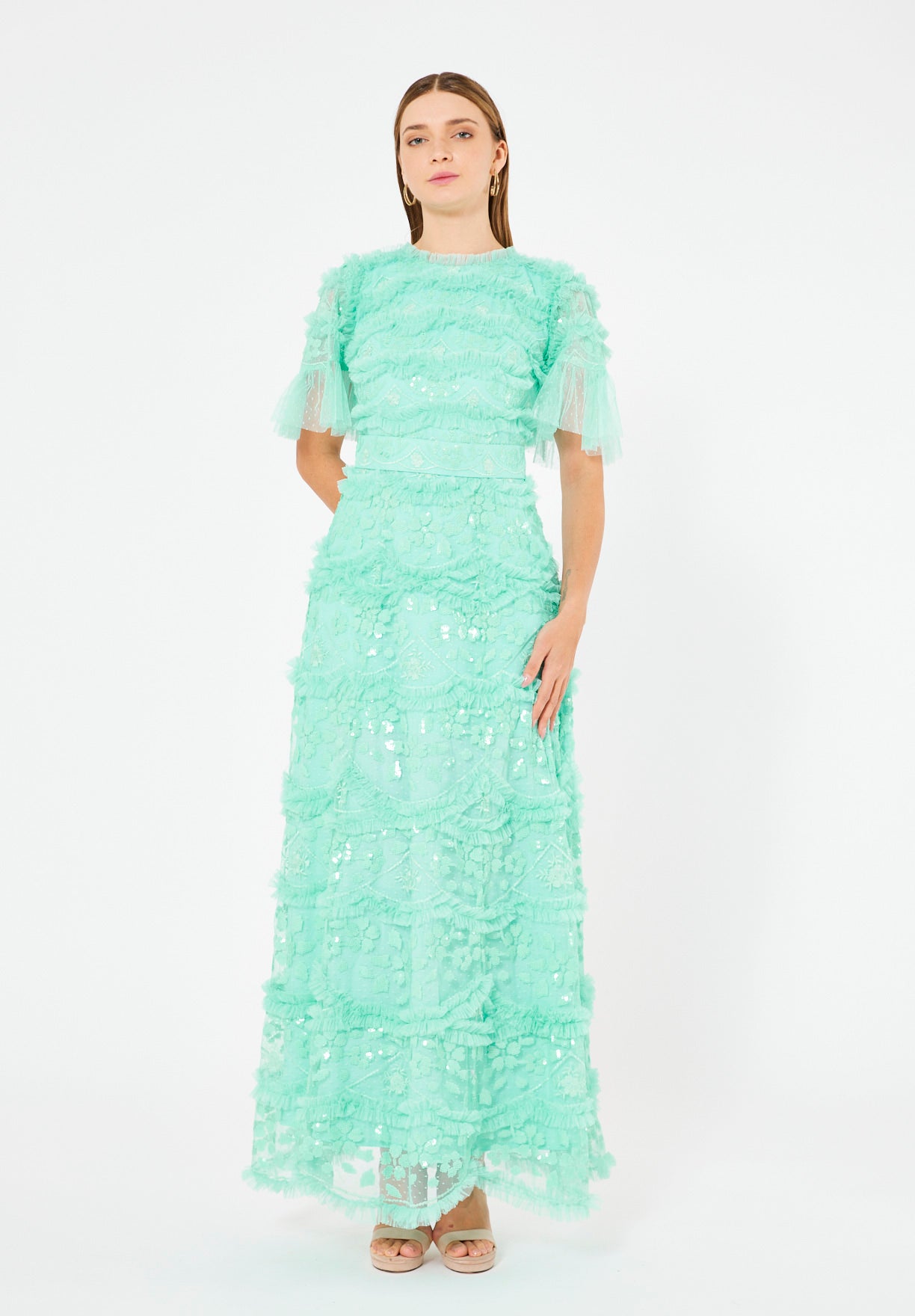 Regal Embelllished Gown With Tiered Ruffle Tulle Detail