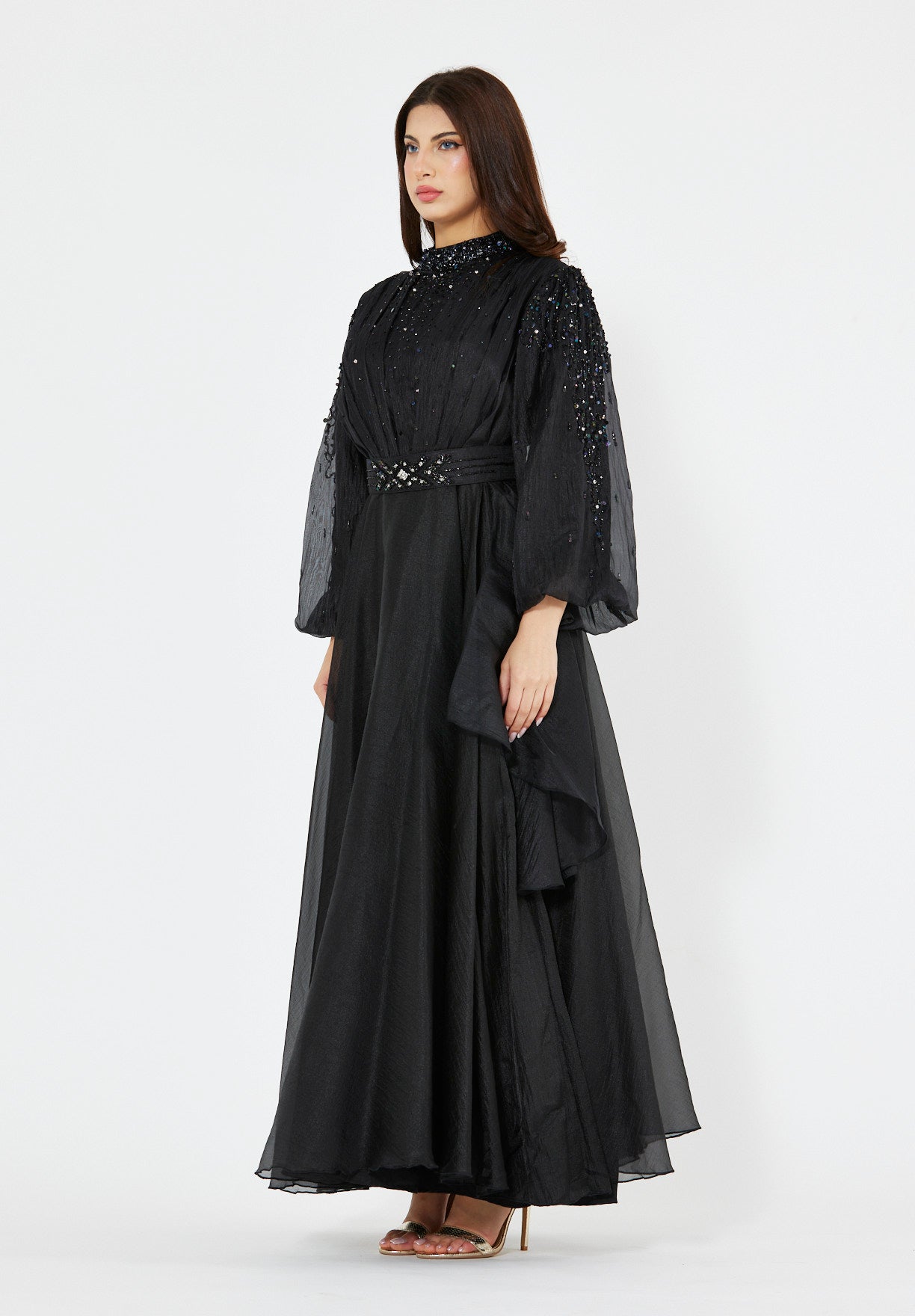 Bishop Sleeves Embellished Organza Gown with Pleats