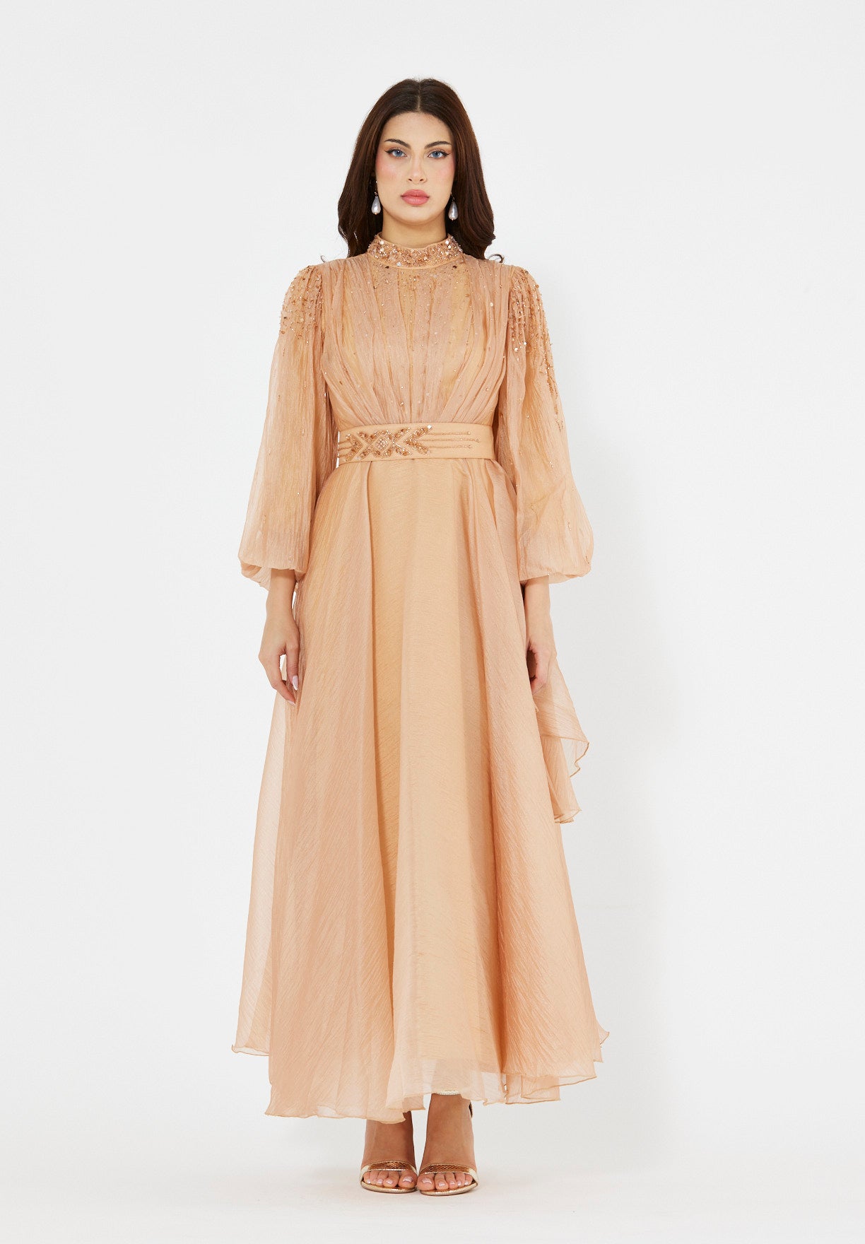 Bishop Sleeves Embellished Organza Gown with Pleats