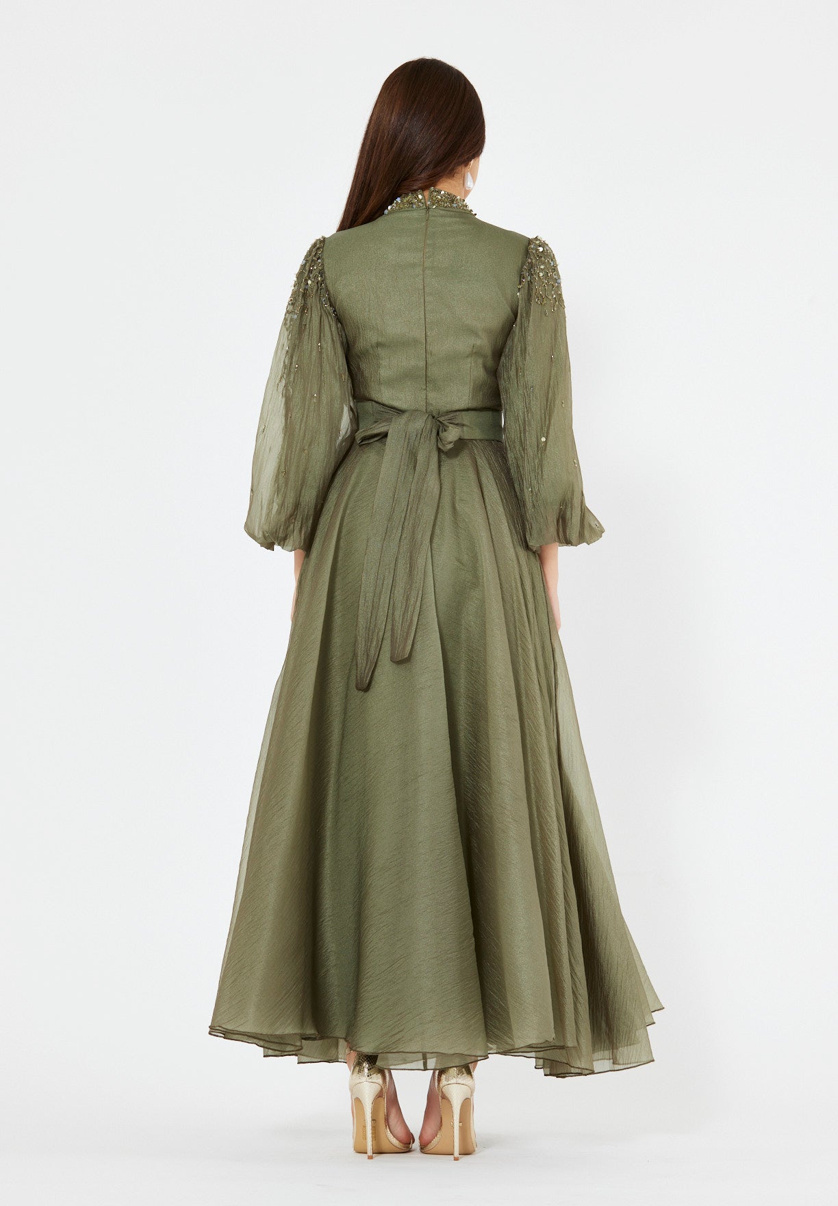 Bishop Sleeves Embellished Organza Gown with Pleats