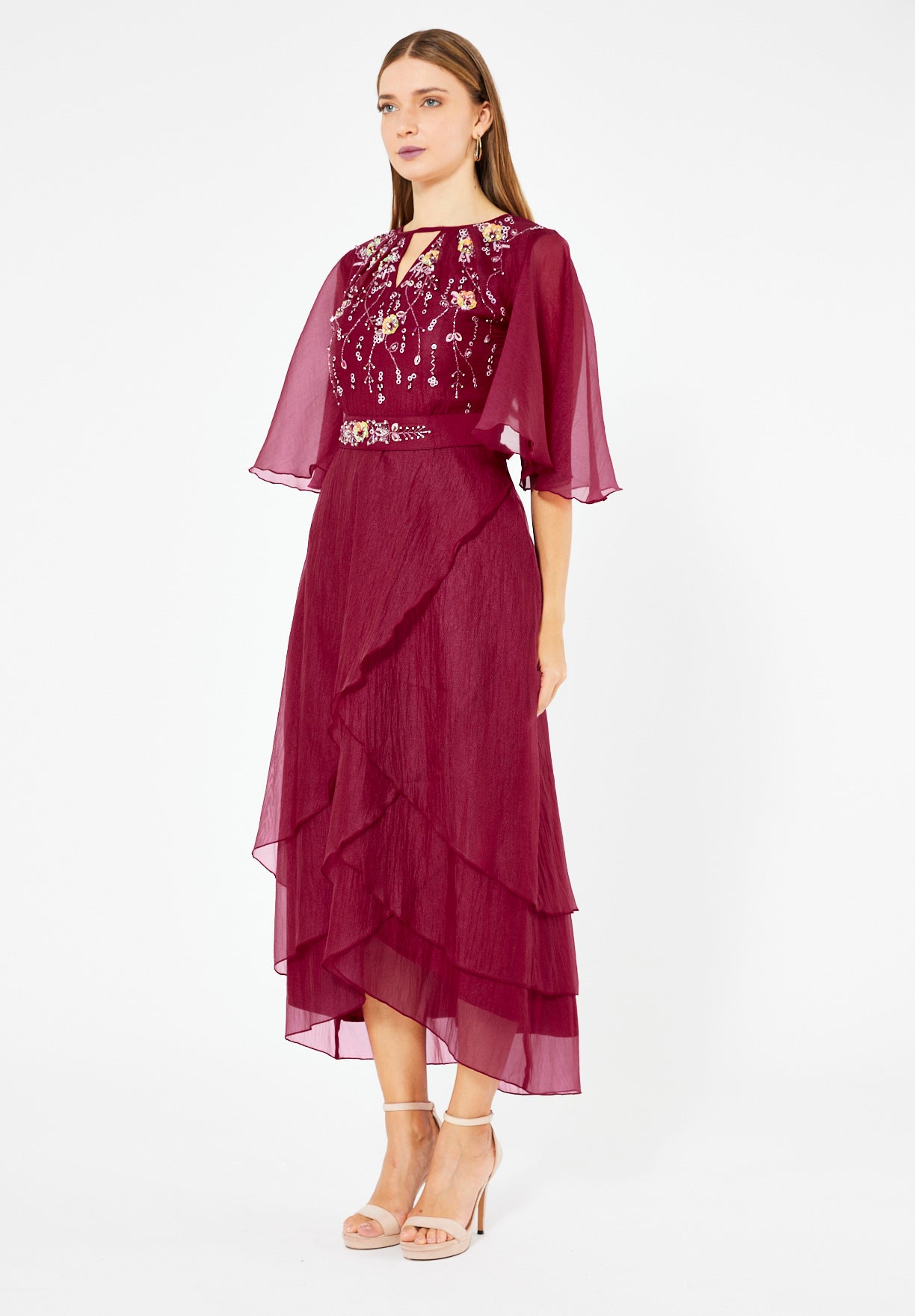 Flutter Sleeves Embellished Layered Midi Dress in Crinkle Organza