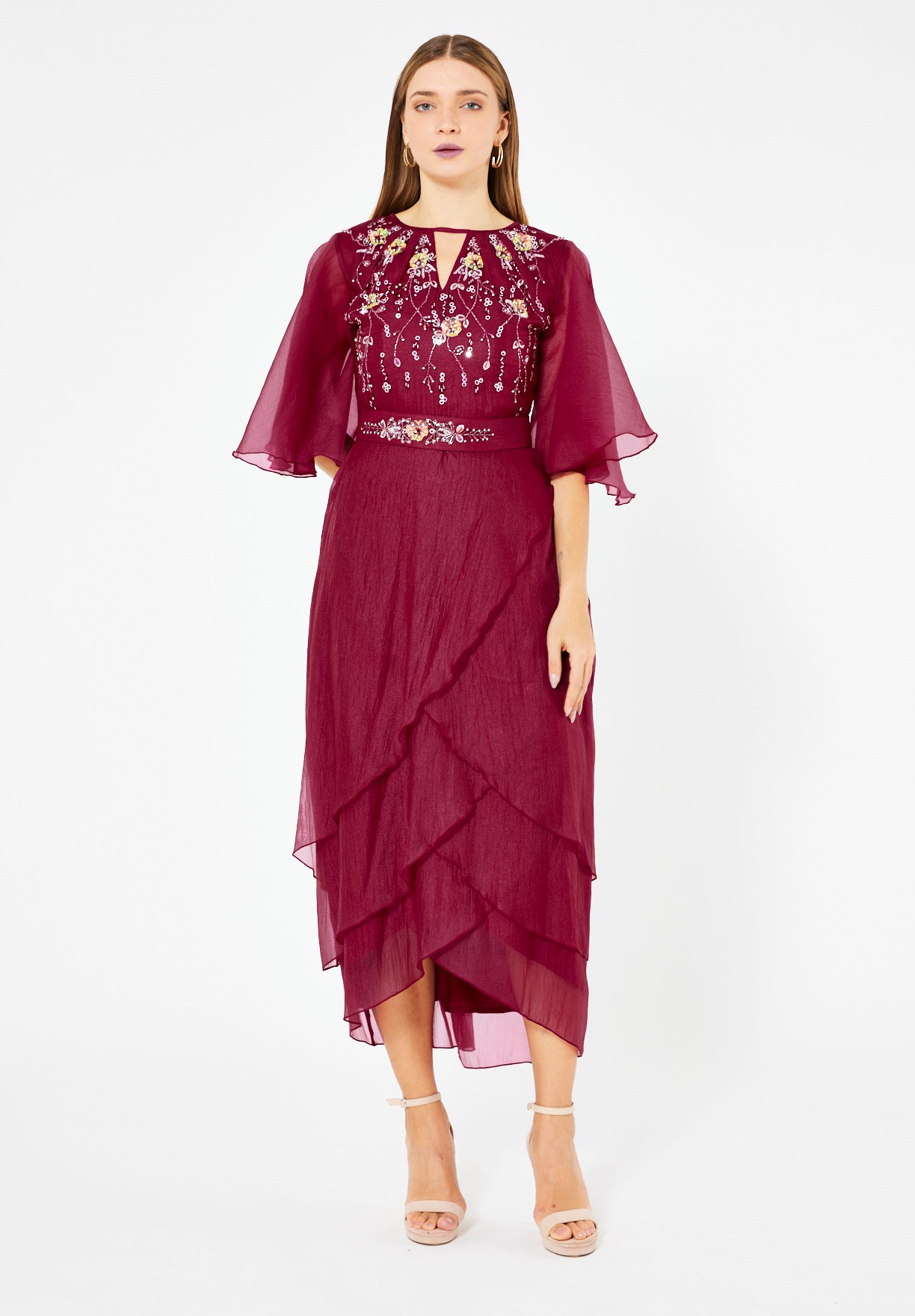 Flutter Sleeves Embellished Layered Midi Dress in Crinkle Organza