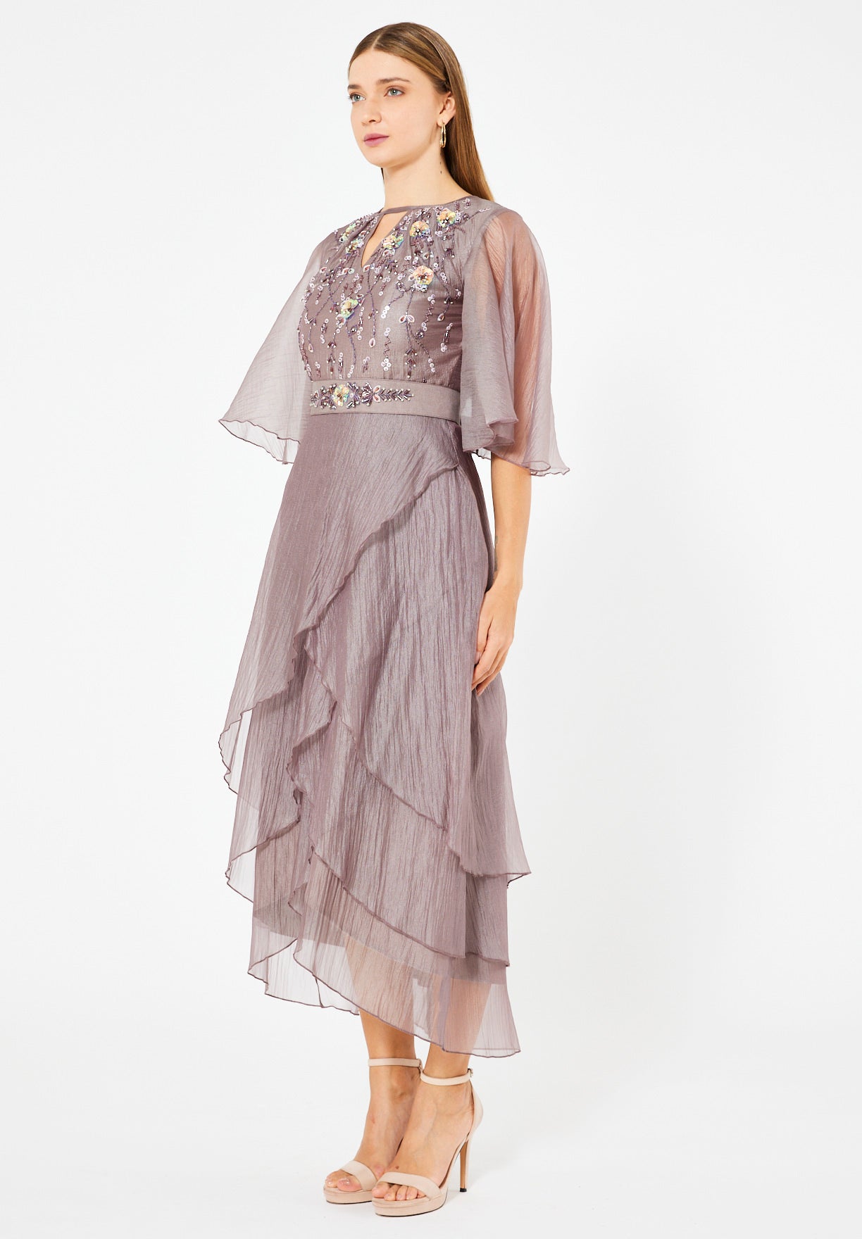 Flutter Sleeves Embellished Layered Midi Dress in Crinkle Organza