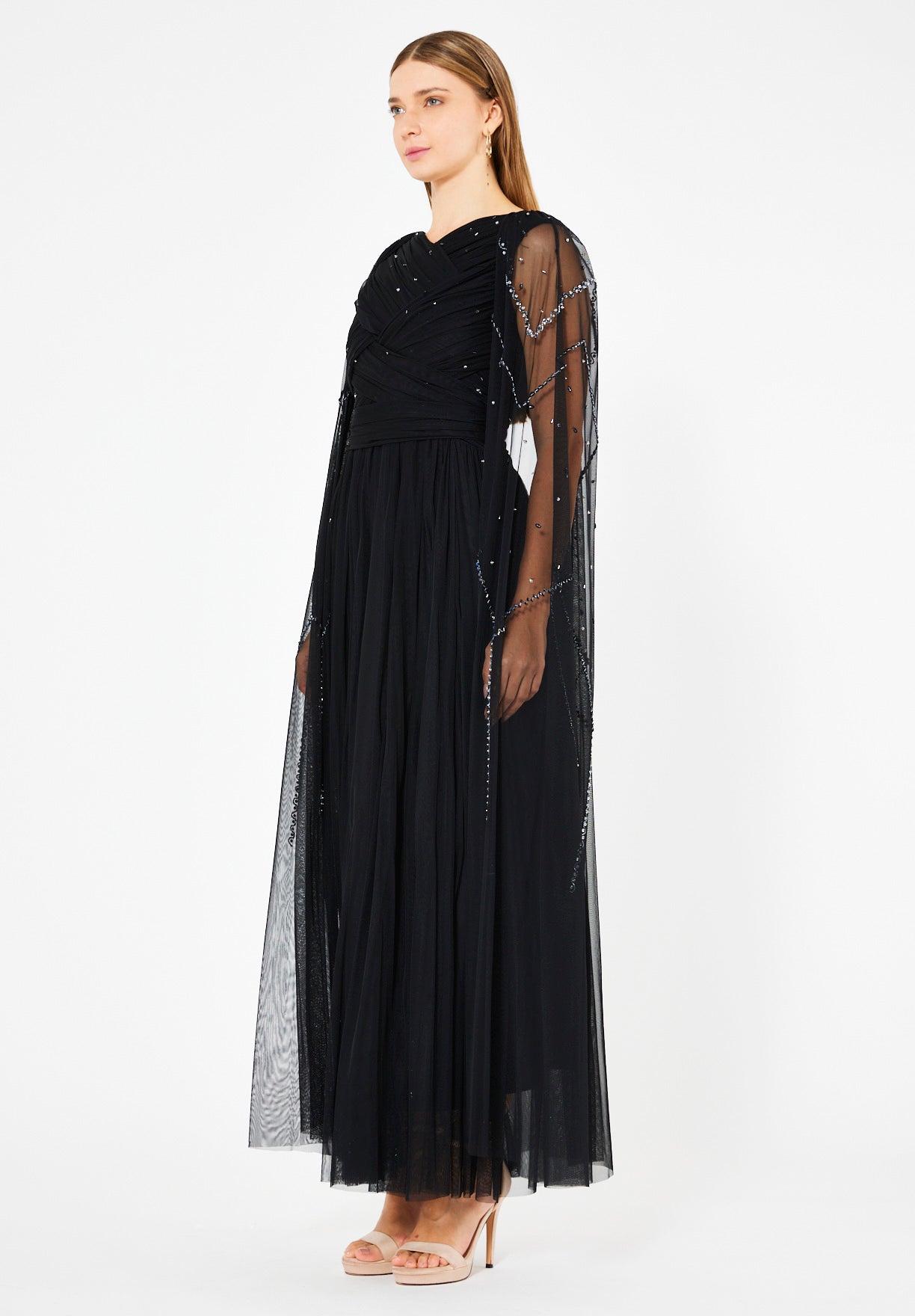 Ethereal Tulle Gown with Embellished Cape Sleeves