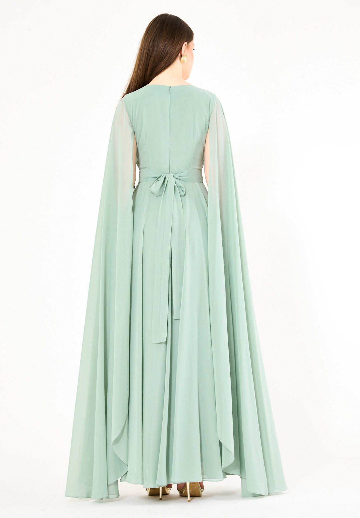 Wrap-Style Layered Chiffon Embellished Gown with Cape Sleeves