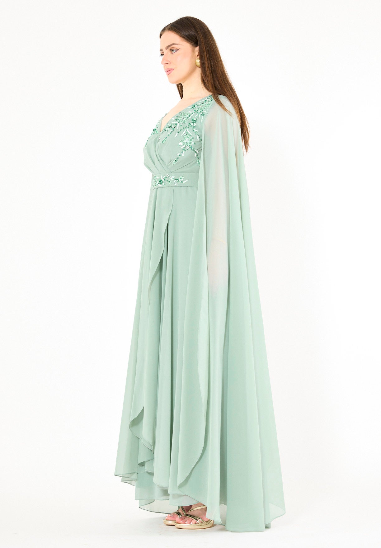 Wrap-Style Layered Chiffon Embellished Gown with Cape Sleeves