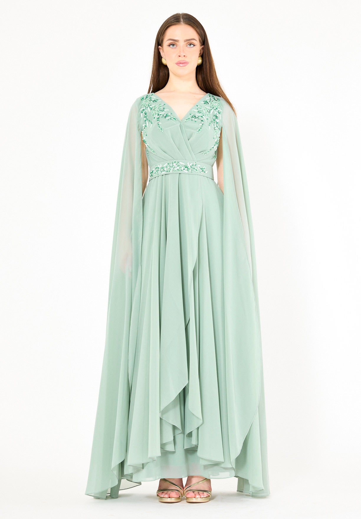 Wrap-Style Layered Chiffon Embellished Gown with Cape Sleeves