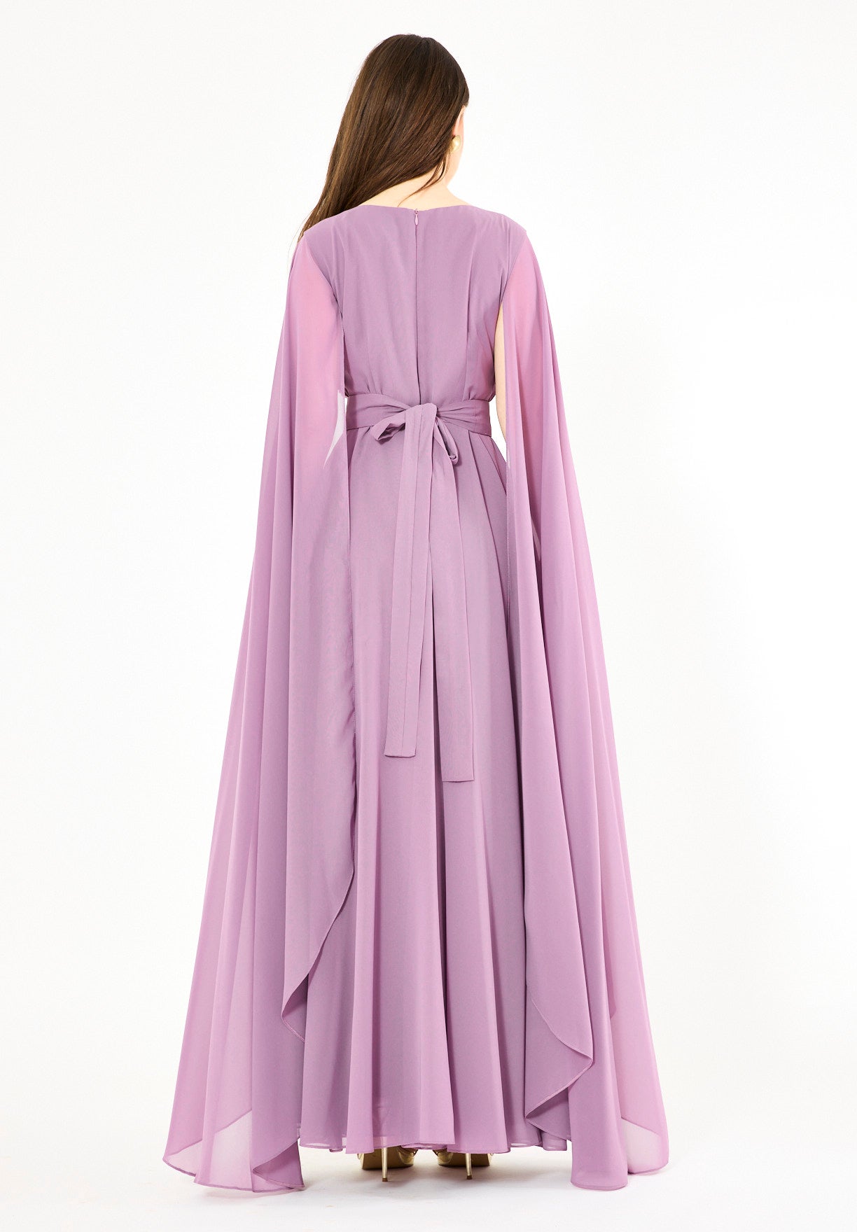 Wrap-Style Layered Chiffon Embellished Gown with Cape Sleeves