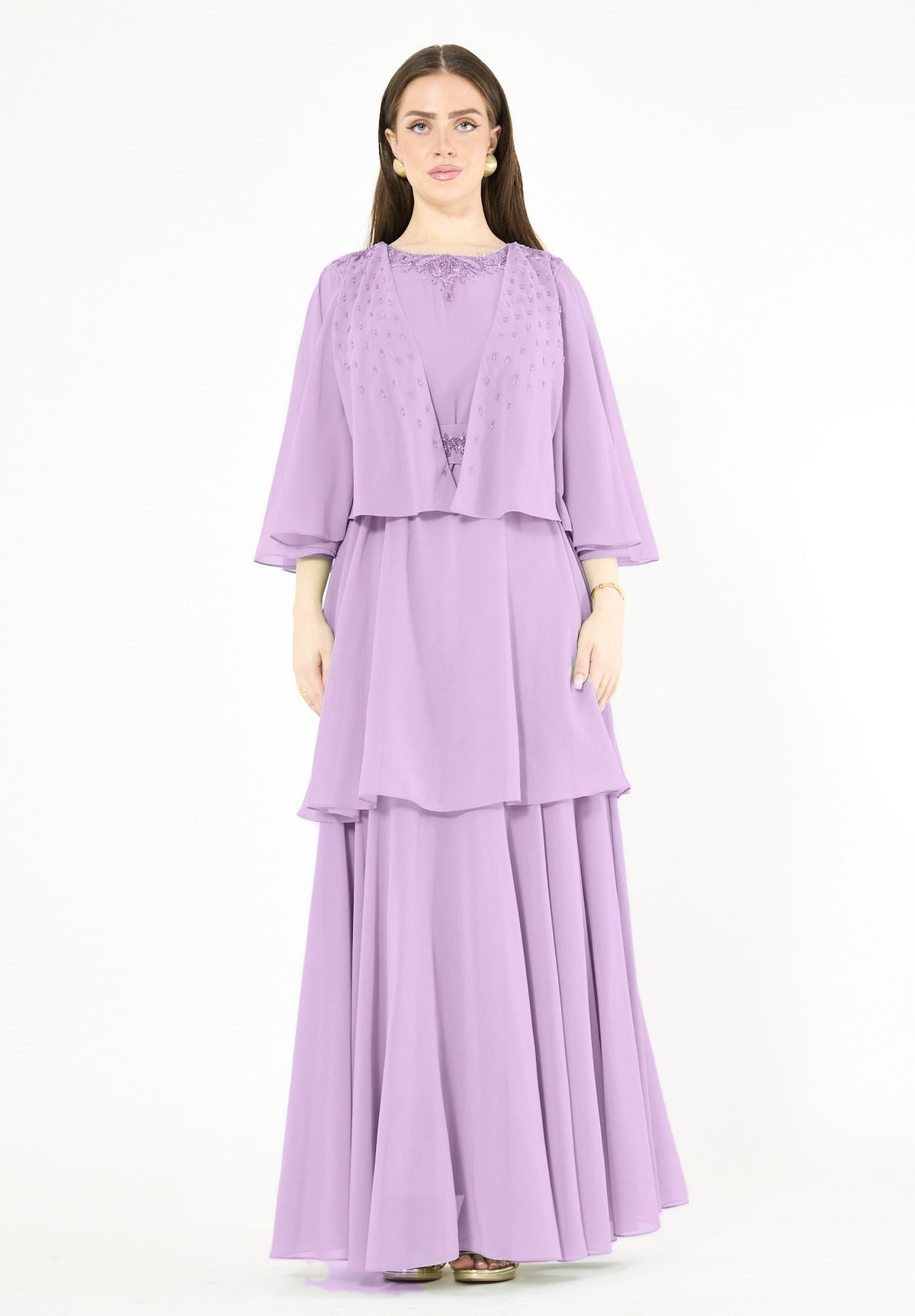 Embellished Layered Cape Dress