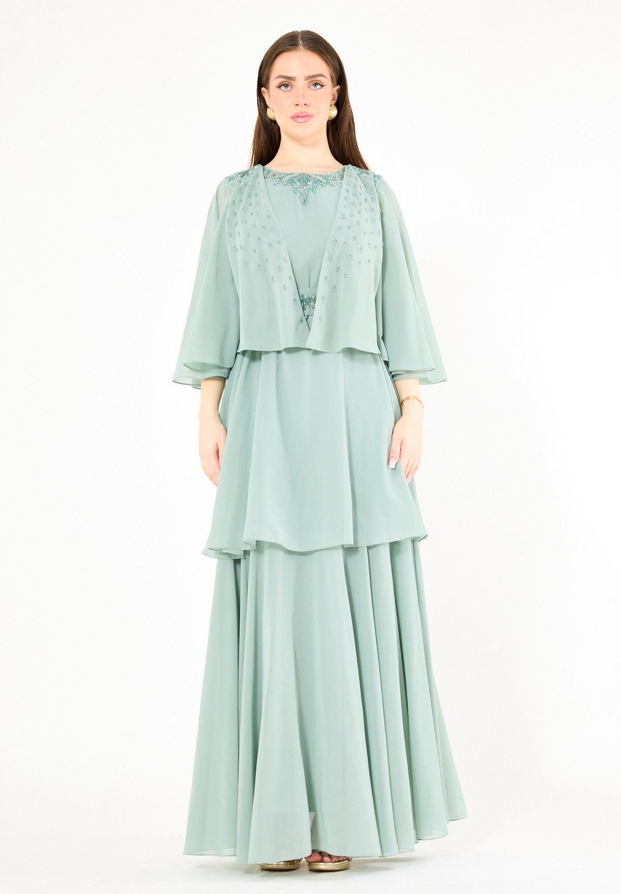 Embellished Layered Gown with Overlay Flared Sleeves