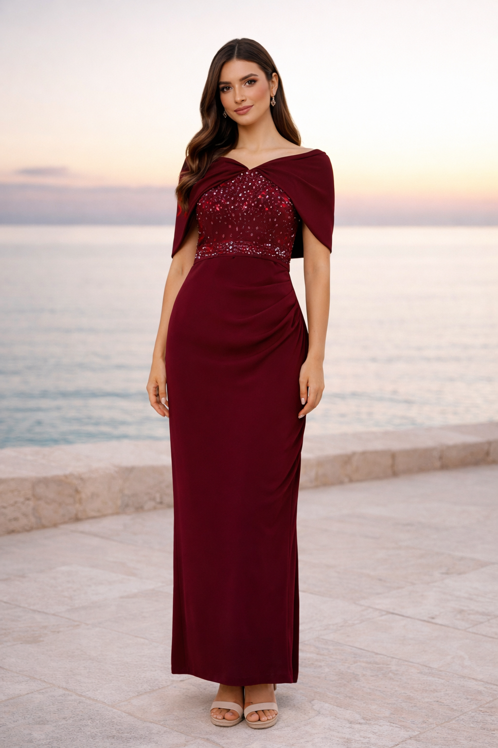 Off-The-Shoulder Draped Embellished Crepe Gown