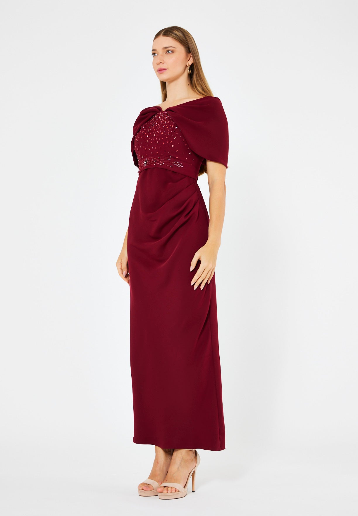 Off-The-Shoulder Draped Embellished Crepe Gown